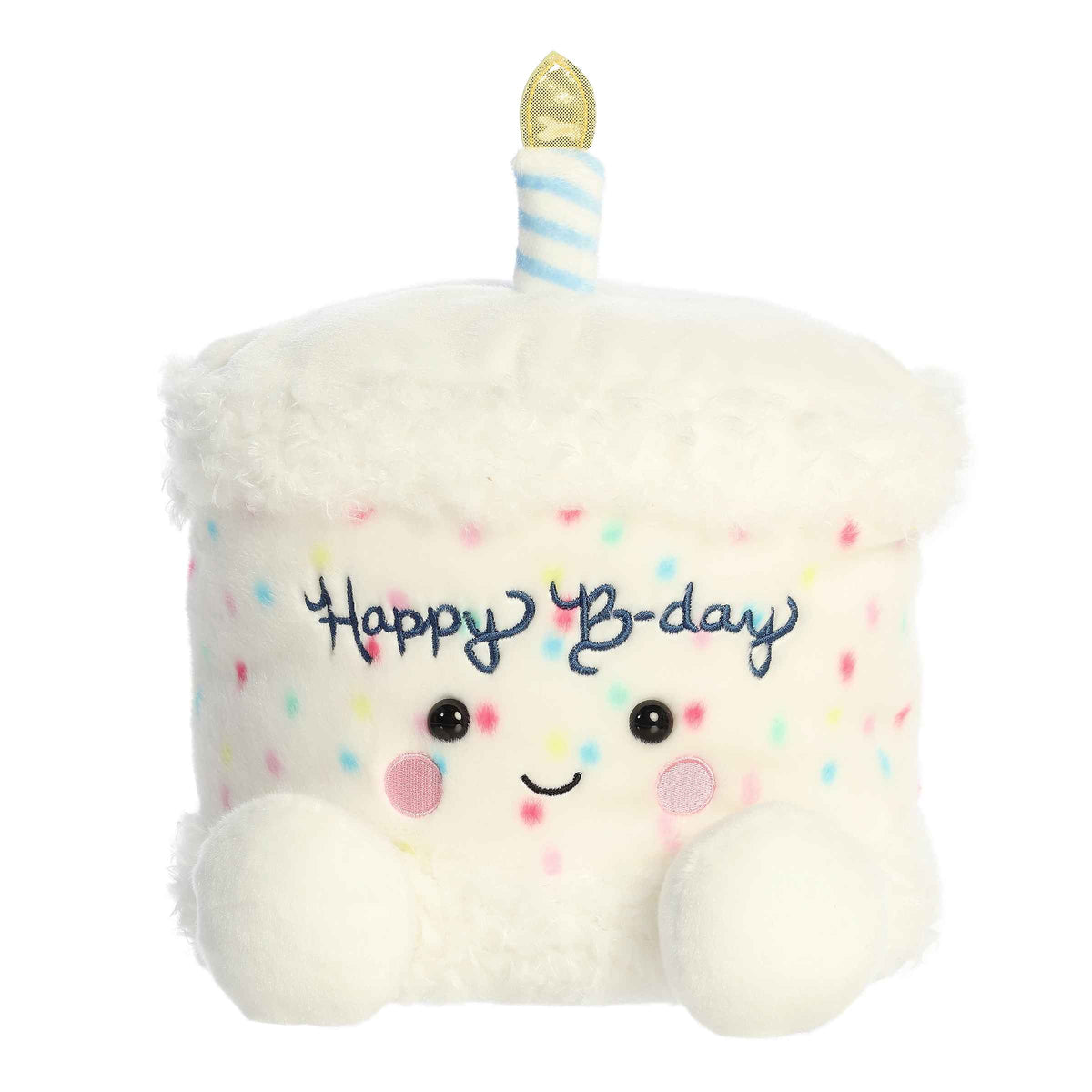 Larger plush toy of a birthday cake, complete with colorful sprinkles, a candle, and a cheerful "Happy Birthday"!