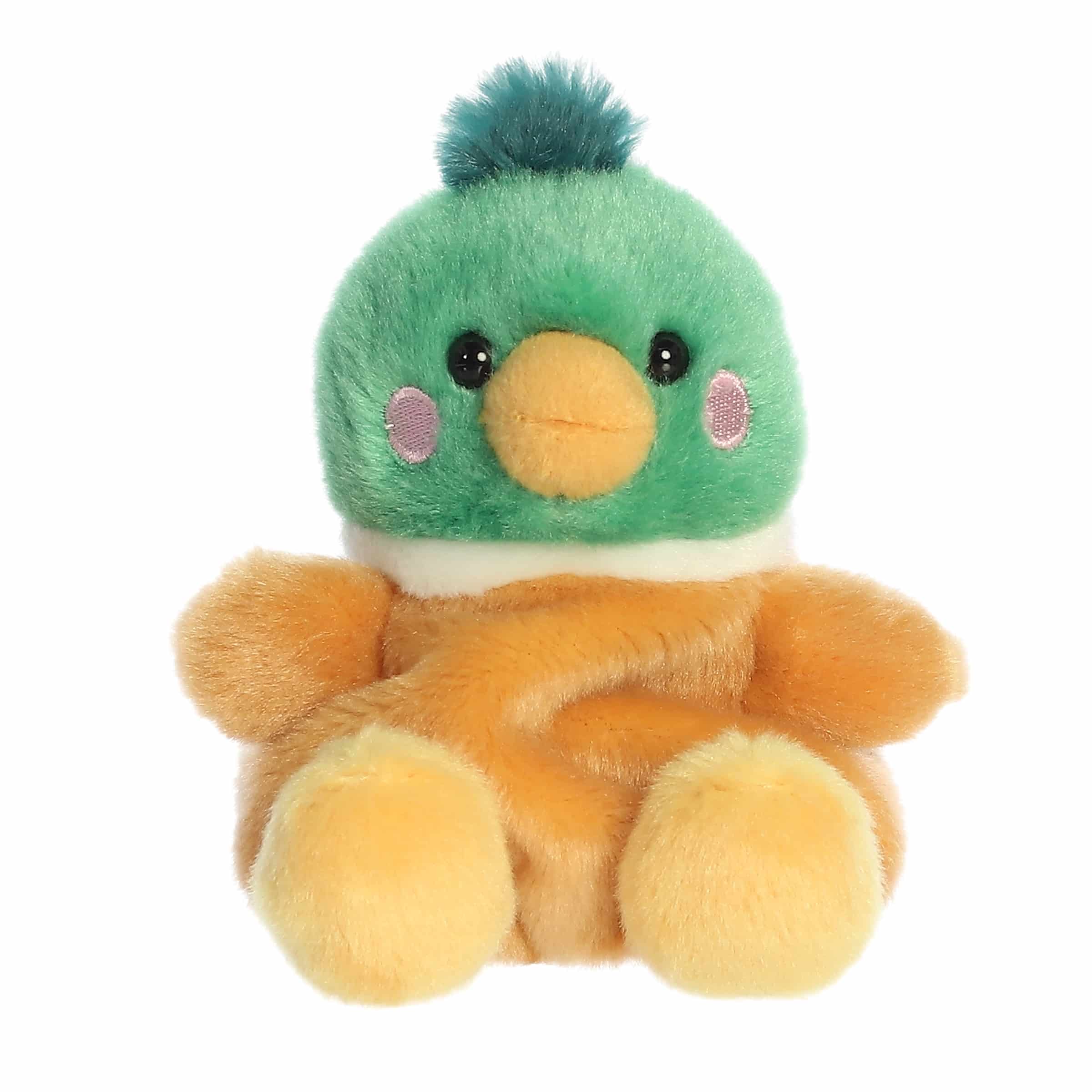 Puddles Mallard Duck plush, green head, golden-brown body with yellow beak and pink cheeks.