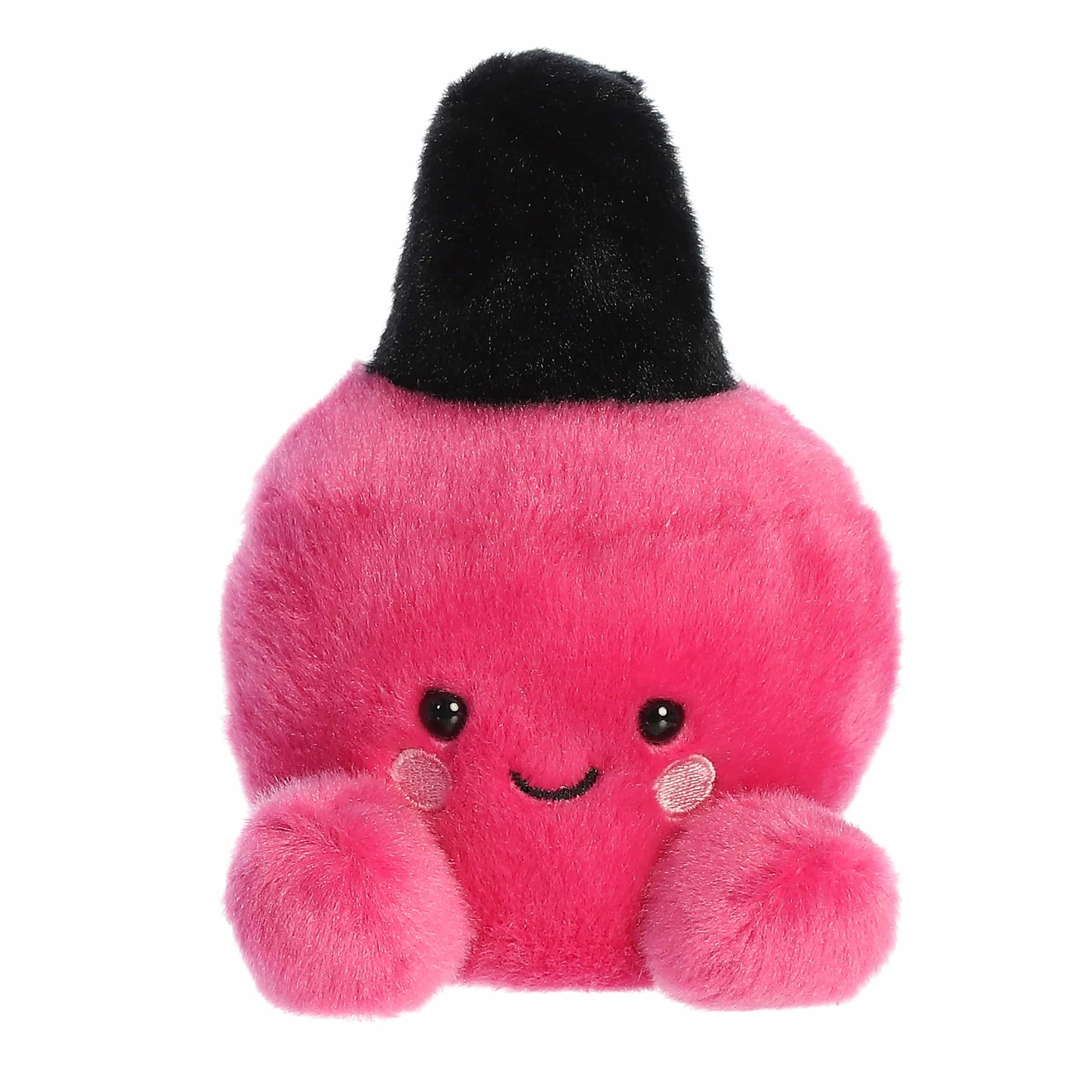 Kitty Nail Polish plush, bright pink with black cap, sweet smiling face, adds charm.