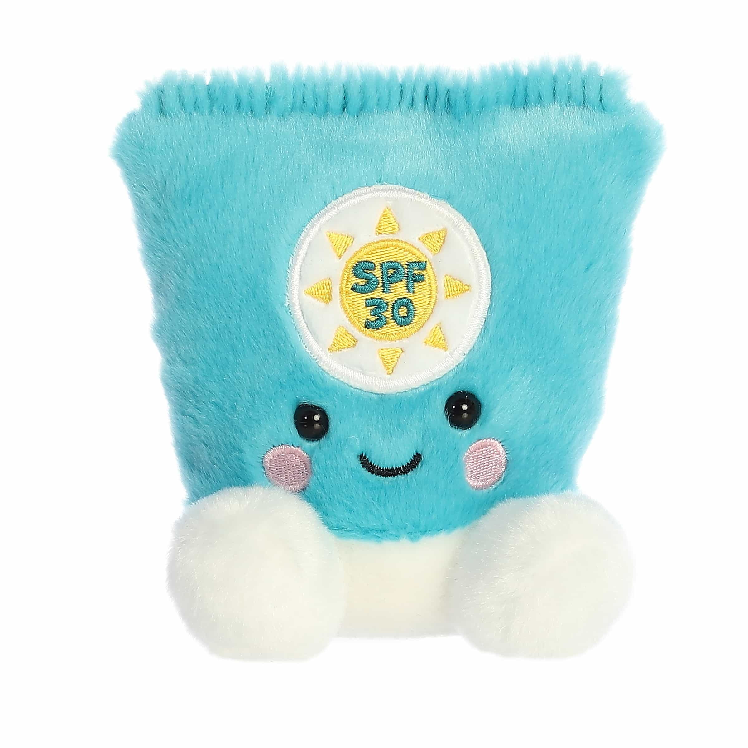 Clara Sunscreen plush, turquoise with vibrant yellow sun rays and SPF 30 label.