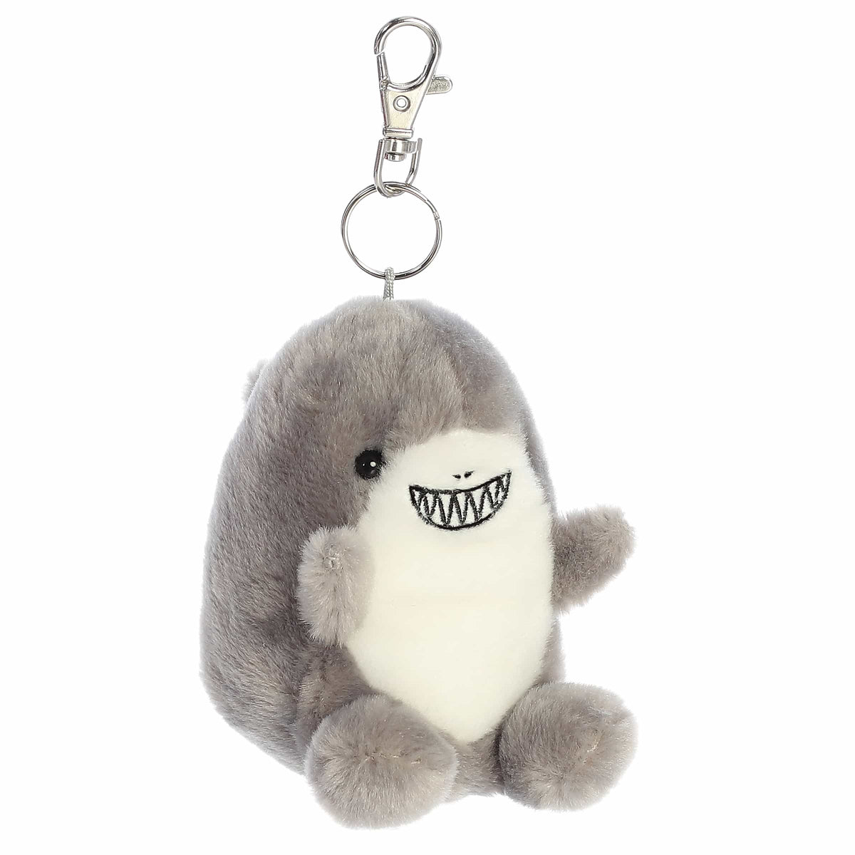 Chomps Shark clip-on plush, featuring a mischievous grin and robust body, ocean adventure.