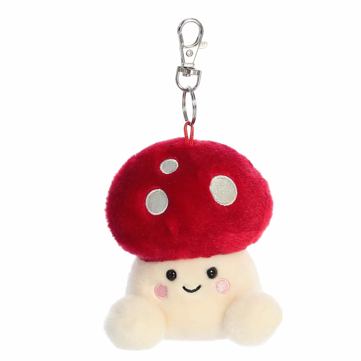 Amanita Mushroom clip-on plush, iconic red cap with white spots, woodland enchantment.