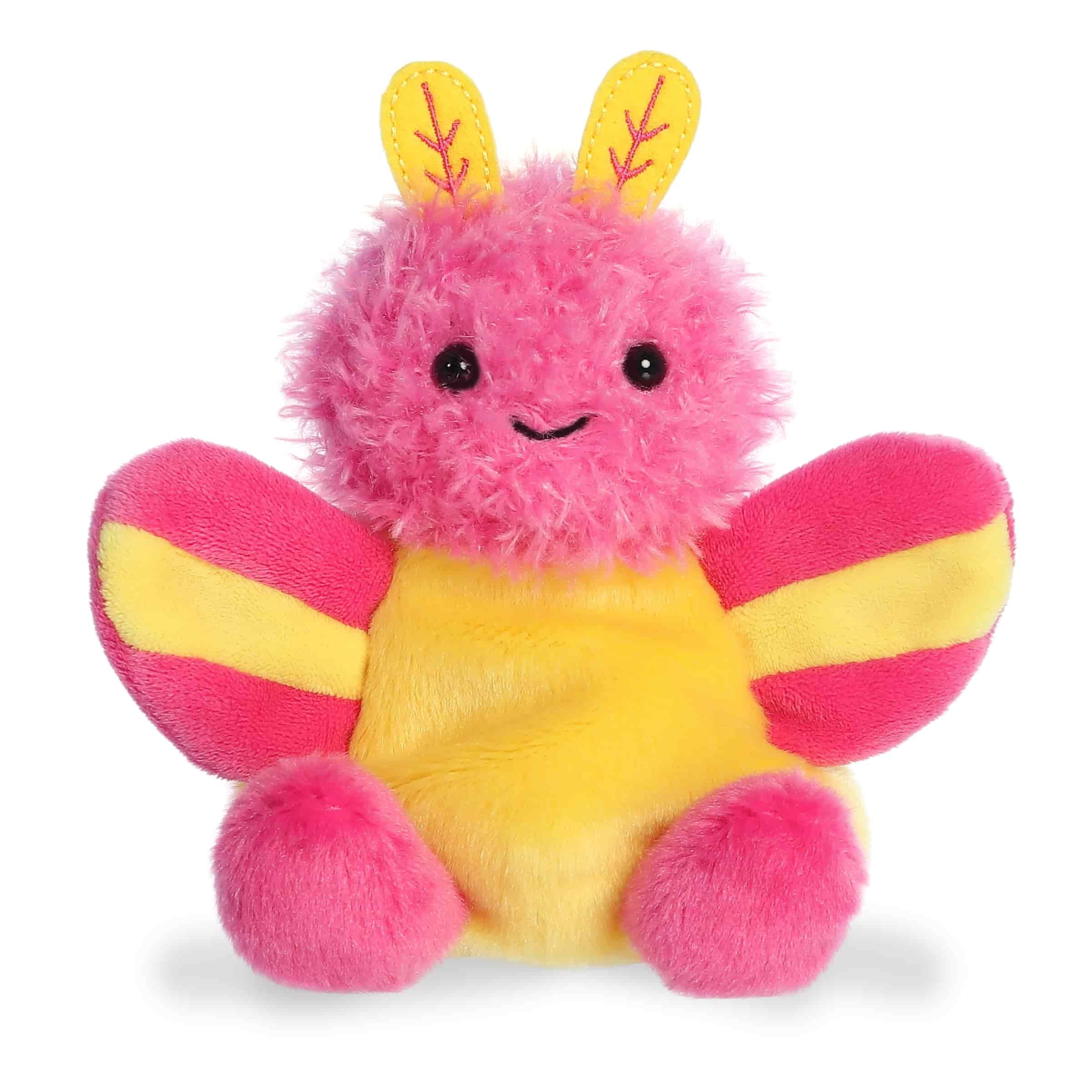 Rosy Maple Moth plush from Palm Pals, featuring a striking pink and yellow body with soft wing-like flaps