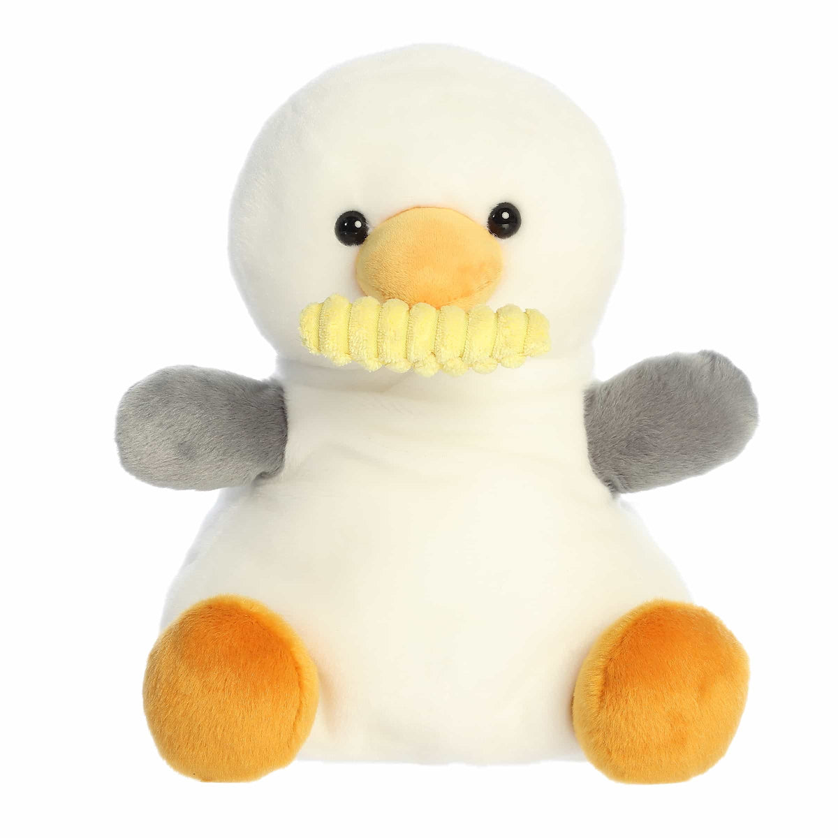 White and grey plush seagull, Buoy, holding a yellow fry, with orange feet, in the Palm Pals collection.