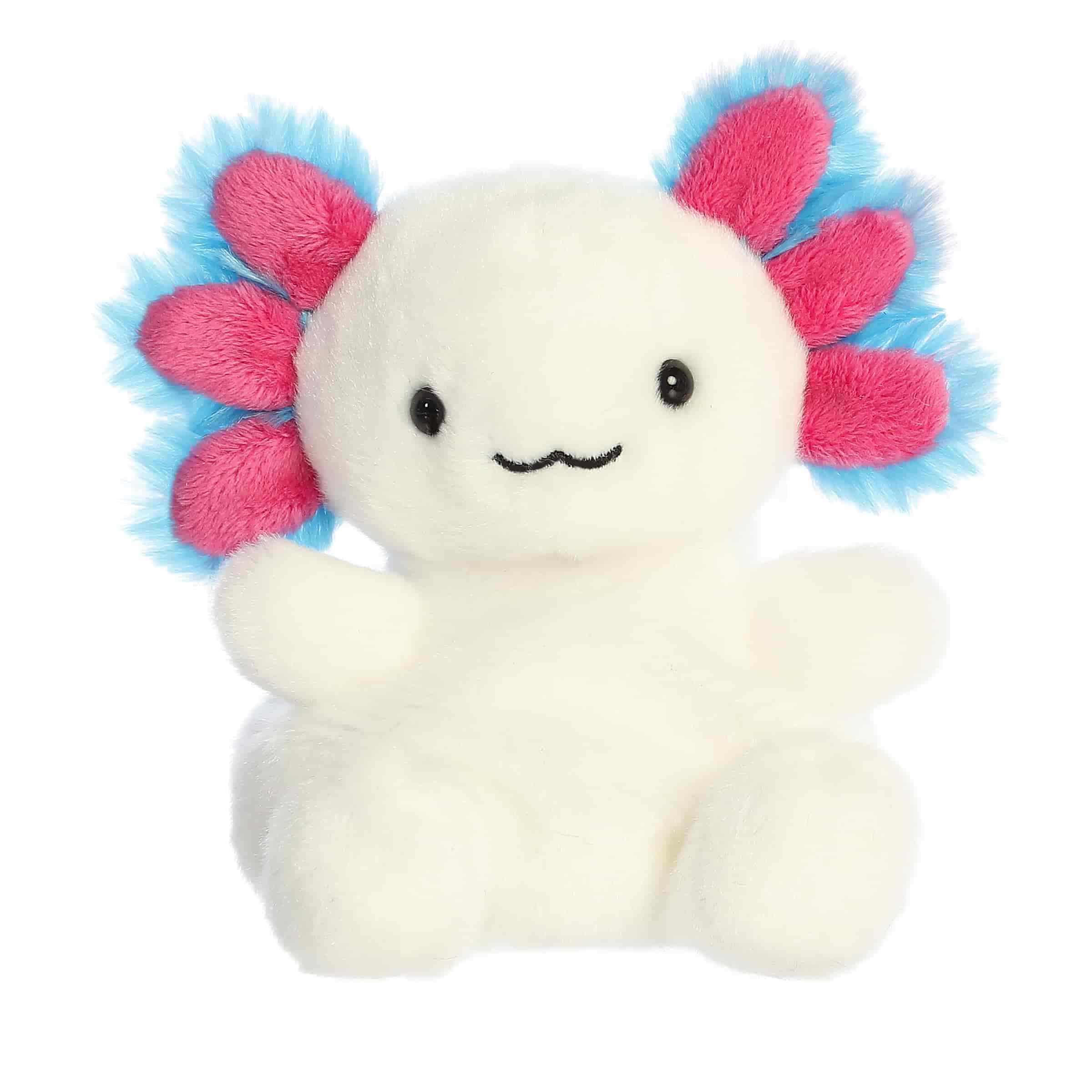 Plush toy of a white axolotl by Palm Pals with bright pink gill fronds, black eyes, and a relaxed smile.