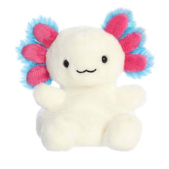 Plush toy of a white axolotl by Palm Pals with bright pink gill fronds, black eyes, and a relaxed smile.