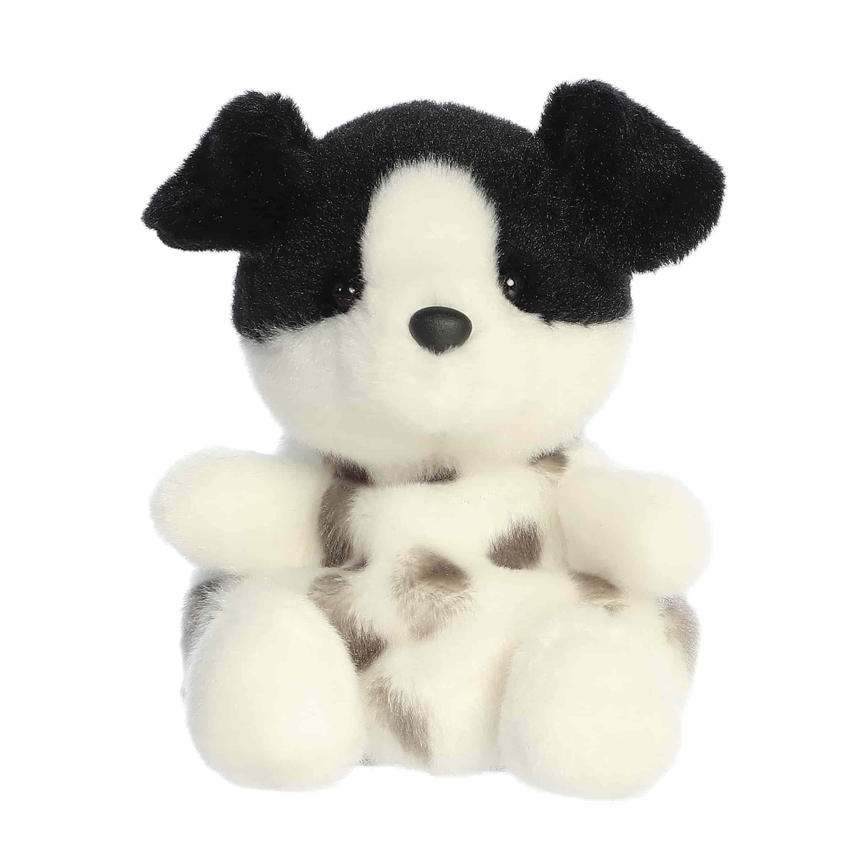 Plush toy of a white dog by the Palm Pals collection with black spots, floppy ears, and a round black nose.