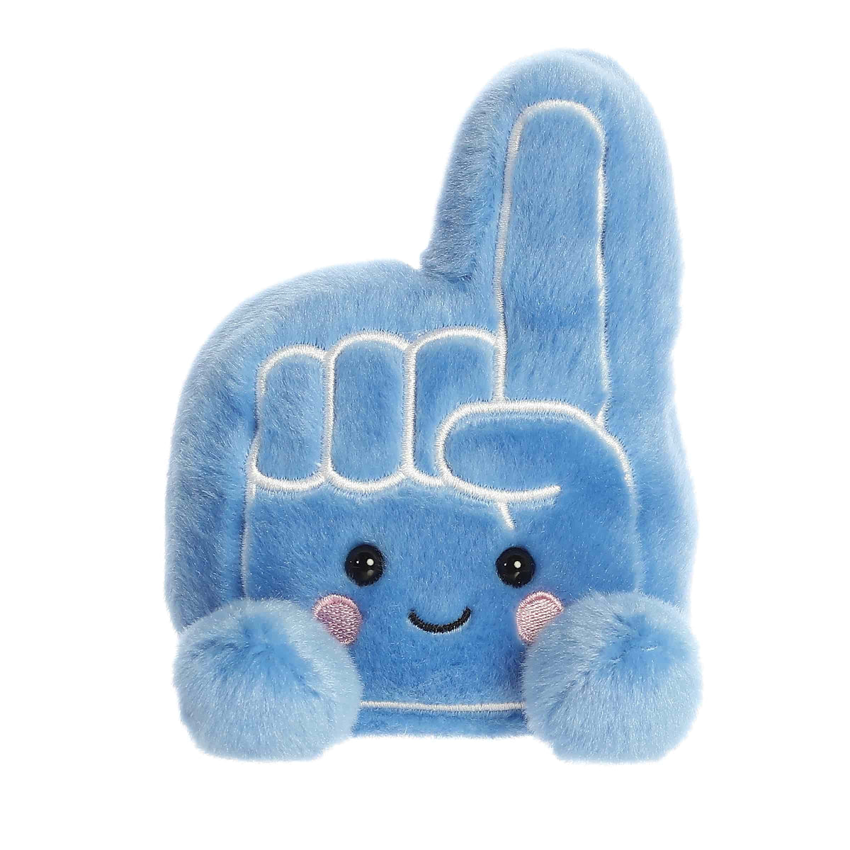 Plush toy of a blue foam finger by Palm Pals with stitched details, rosy cheeks, and stubby legs.