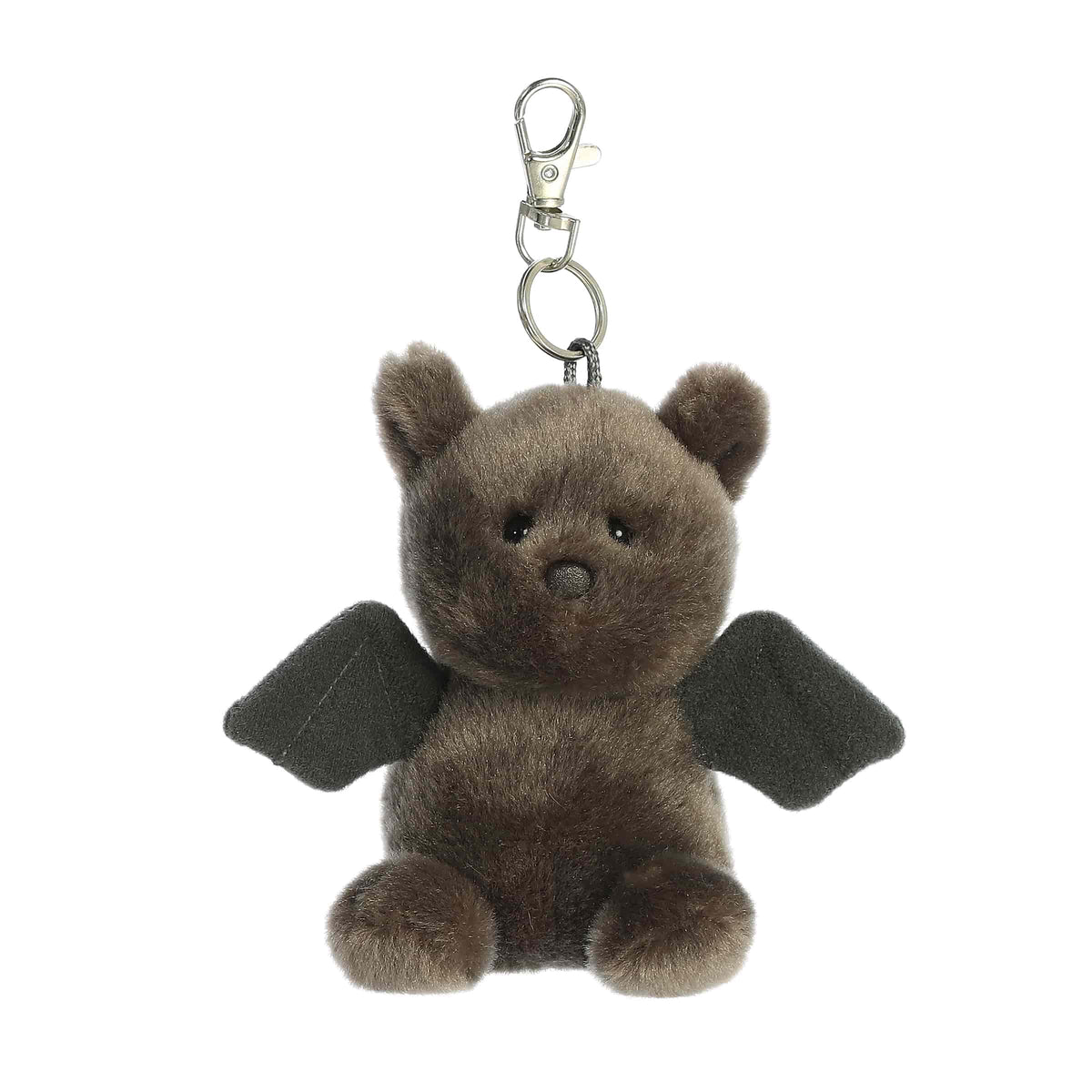 Plush keychain of a gray bat by Palm Pals with black wings, small ears, and round embroidered eyes.