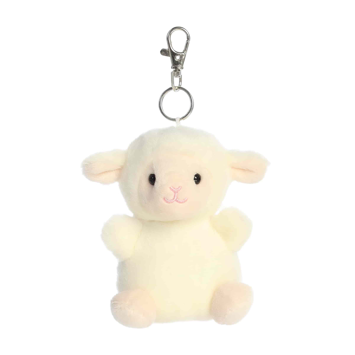 Plush keychain of a white lamb by Palm Pals with pink ears, stitched smile, and fuzzy texture.