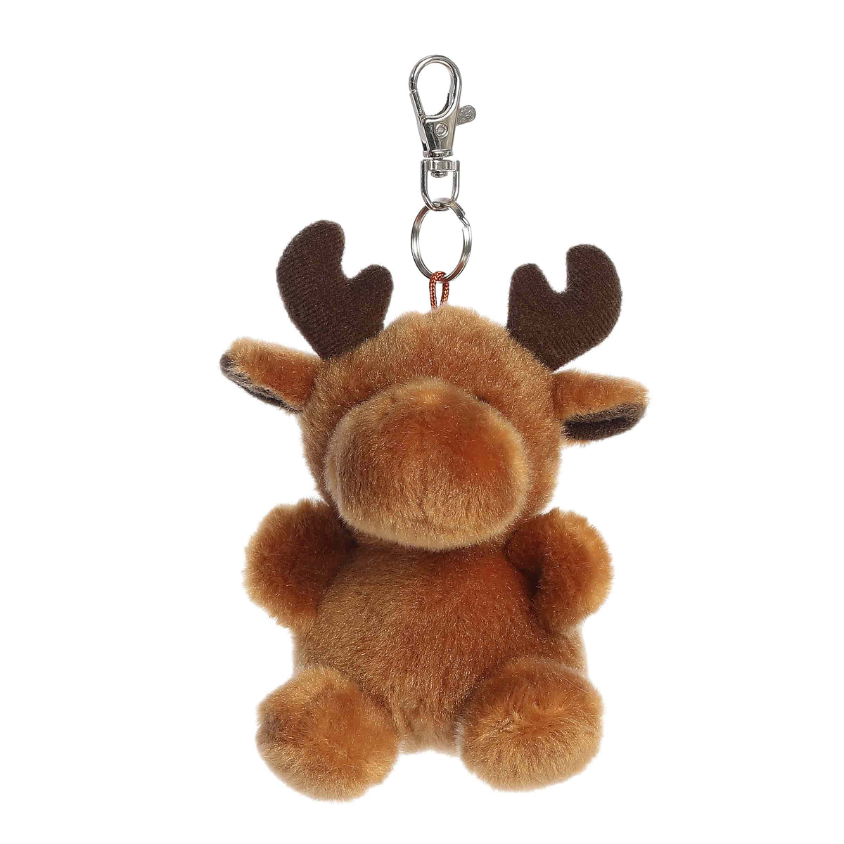 Plush keychain of a brown moose by Palm Pals with fuzzy antlers, a big snout, and cozy forest vibes.
