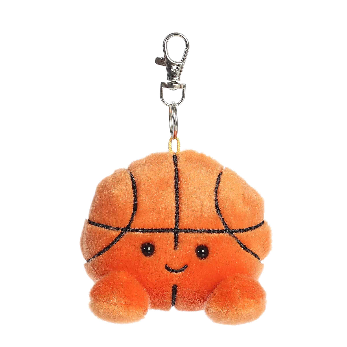 Plush keychain of an orange basketball by Palm Pals with black lines, stitched arms, and a game-day grin.