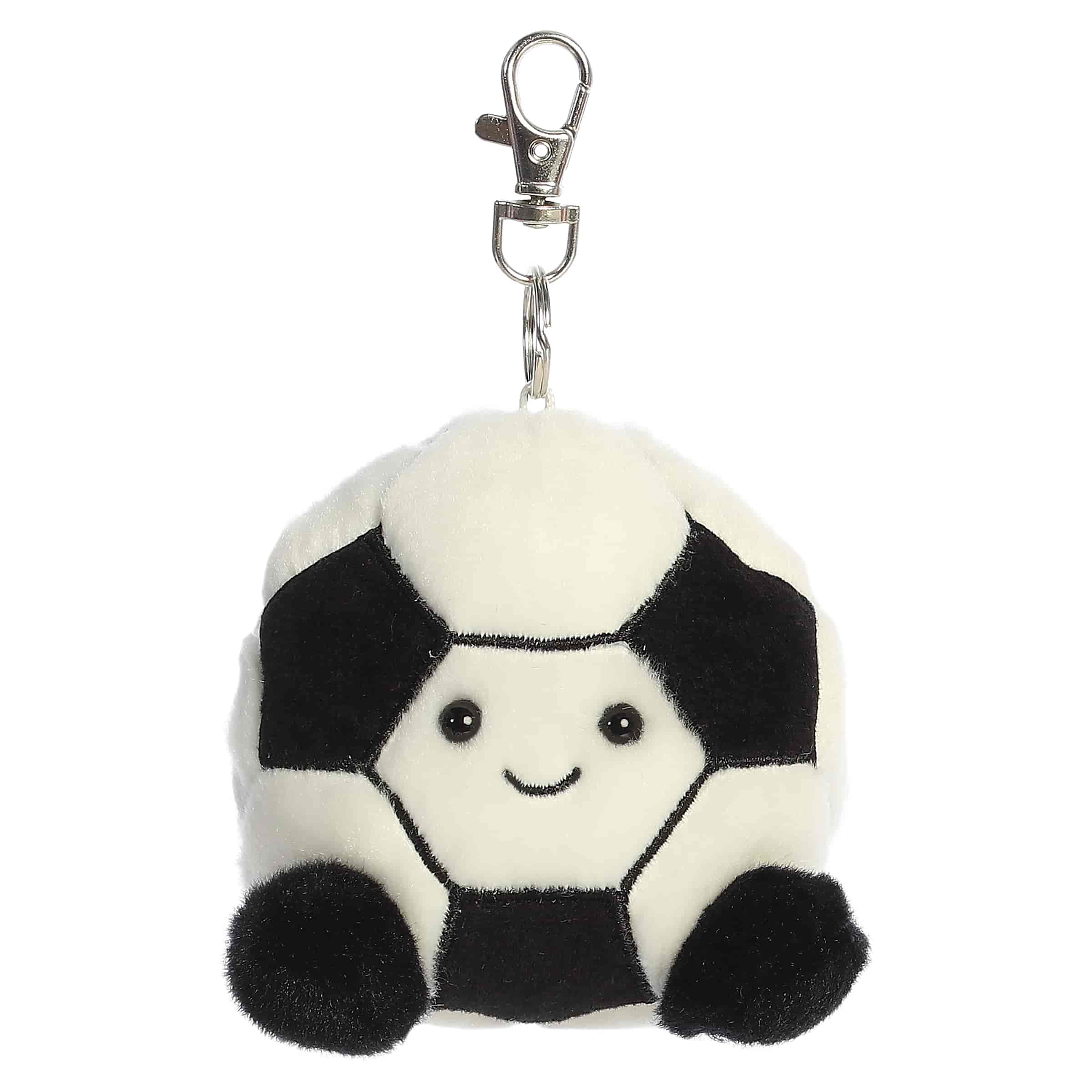 Plush keychain of a black-and-white soccer ball by Palm Pals with stitched feet and a happy smile.