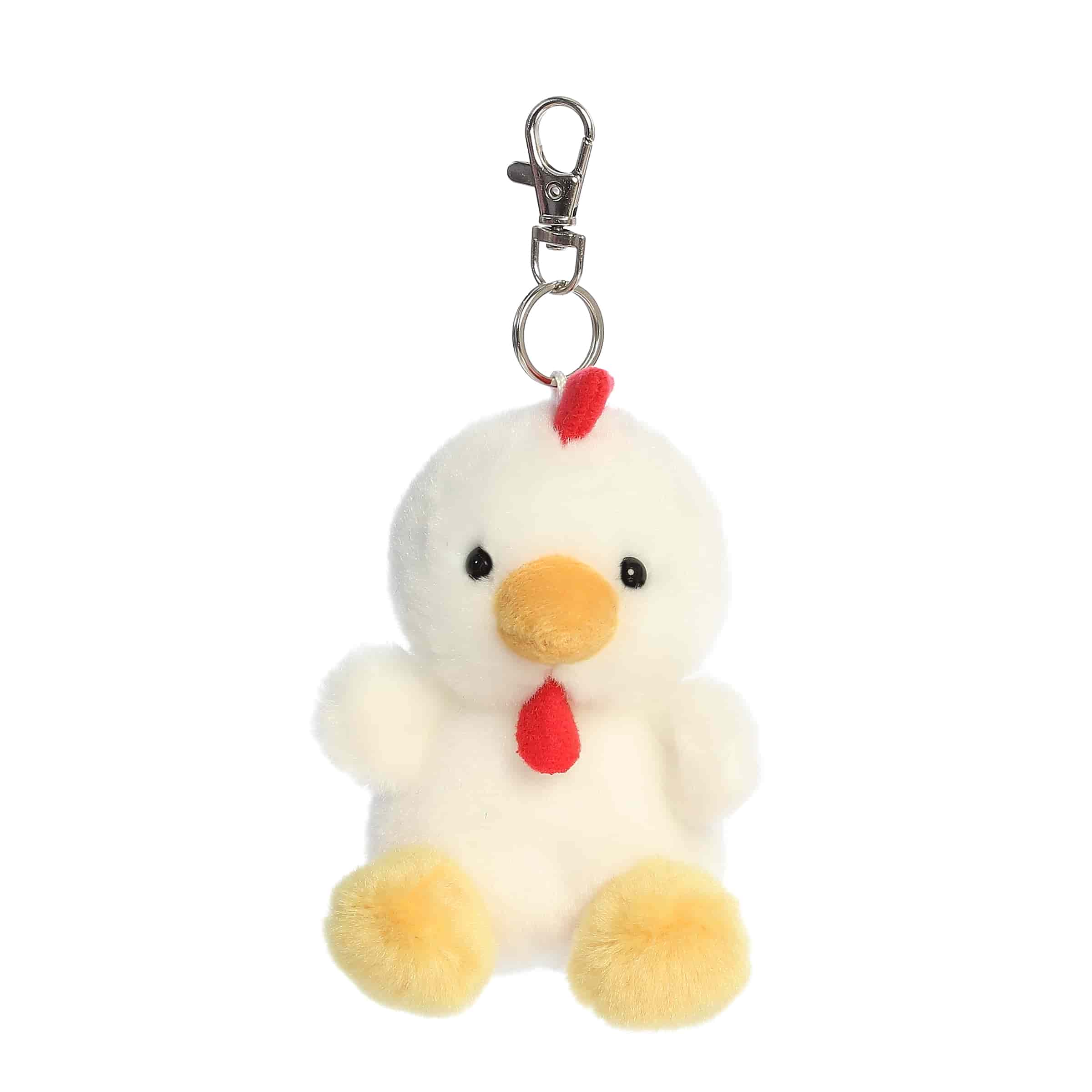 Plush keychain of a white chicken by Palm Pals with yellow feet, a red comb, and a sweet, smiling face.
