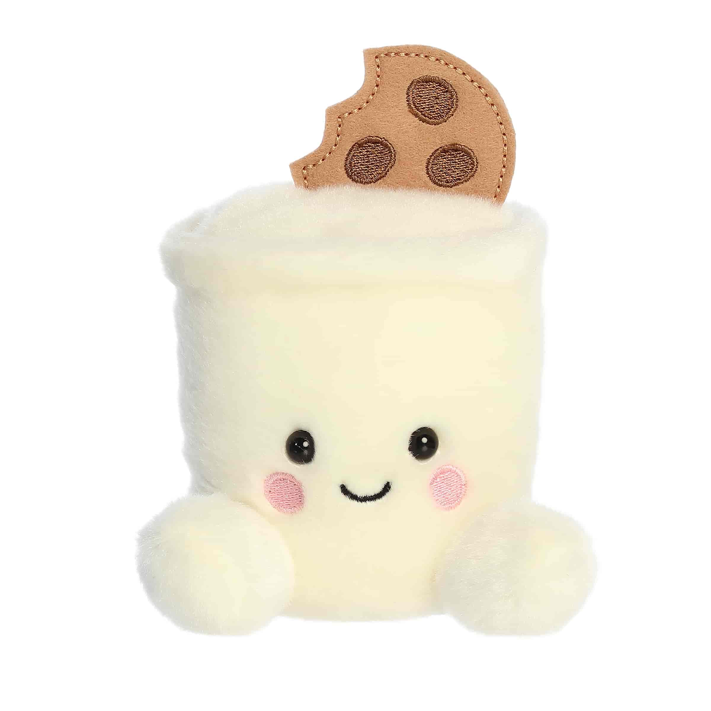 A small white milk plush with rosy cheeks and a smiling cookie on top from Palm Pals by Aurora.