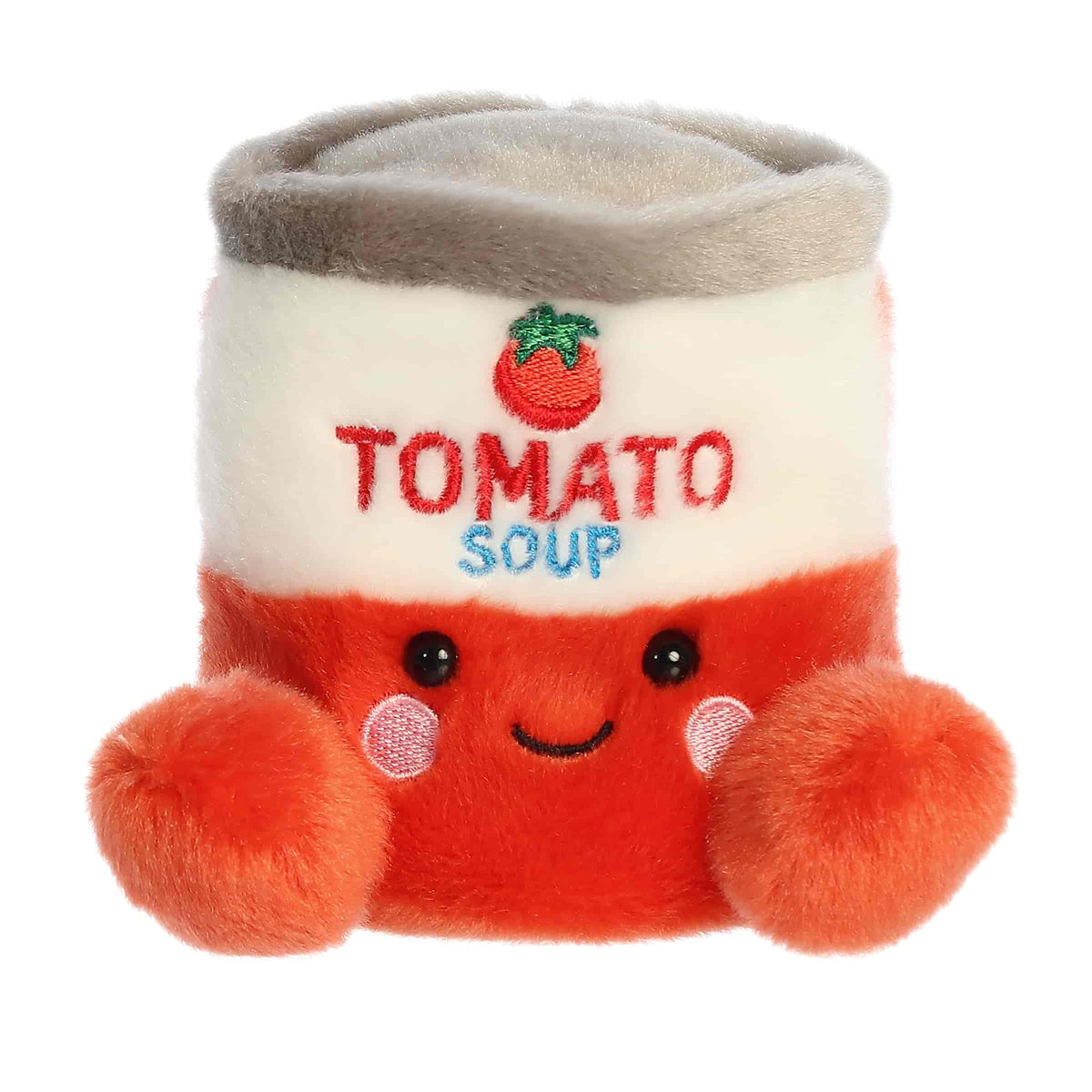 A small red tomato soup can plush with an embroidered label and rosy smile from Palm Pals by Aurora