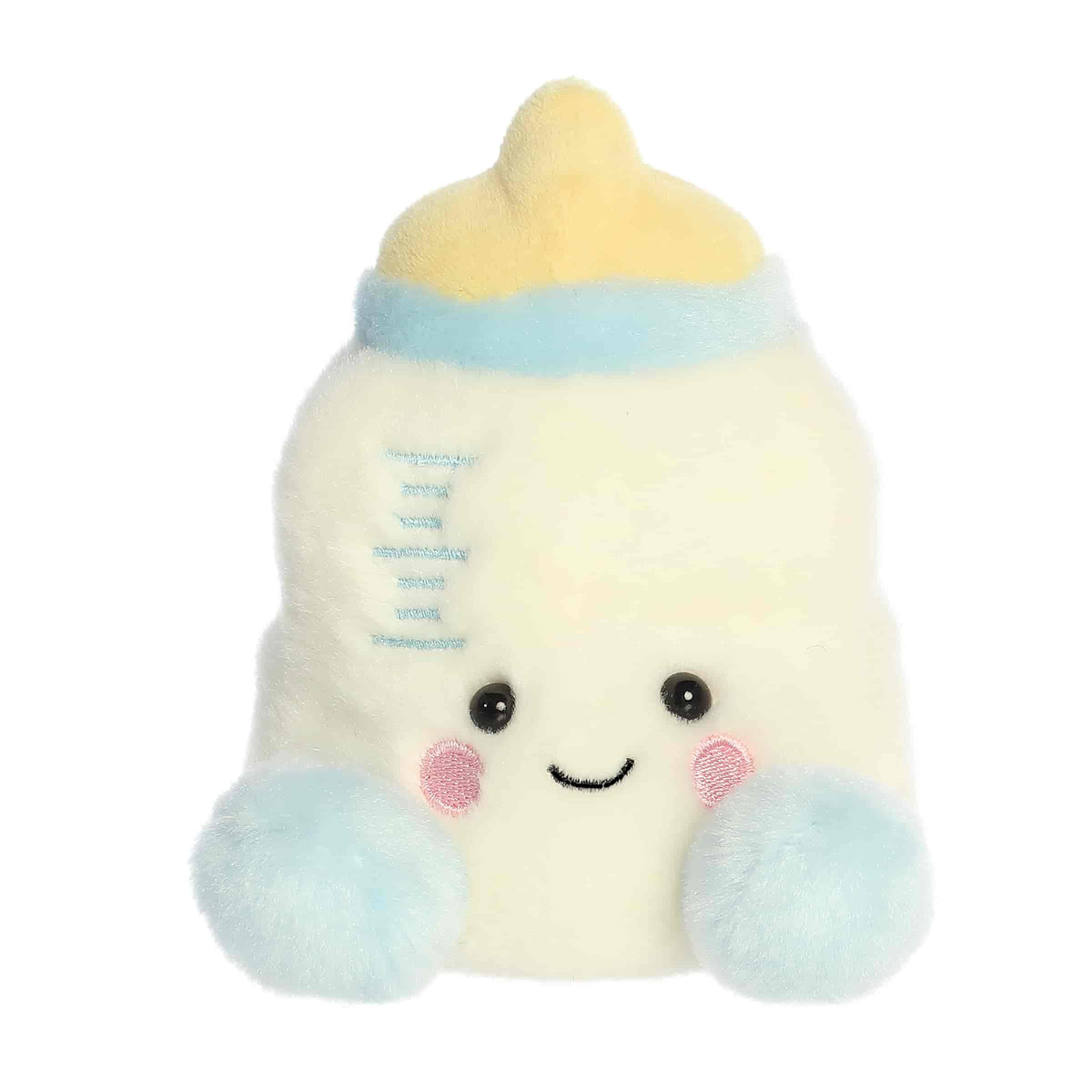 A small white baby bottle plush with blue accents and embroidered details from Palm Pals by Aurora