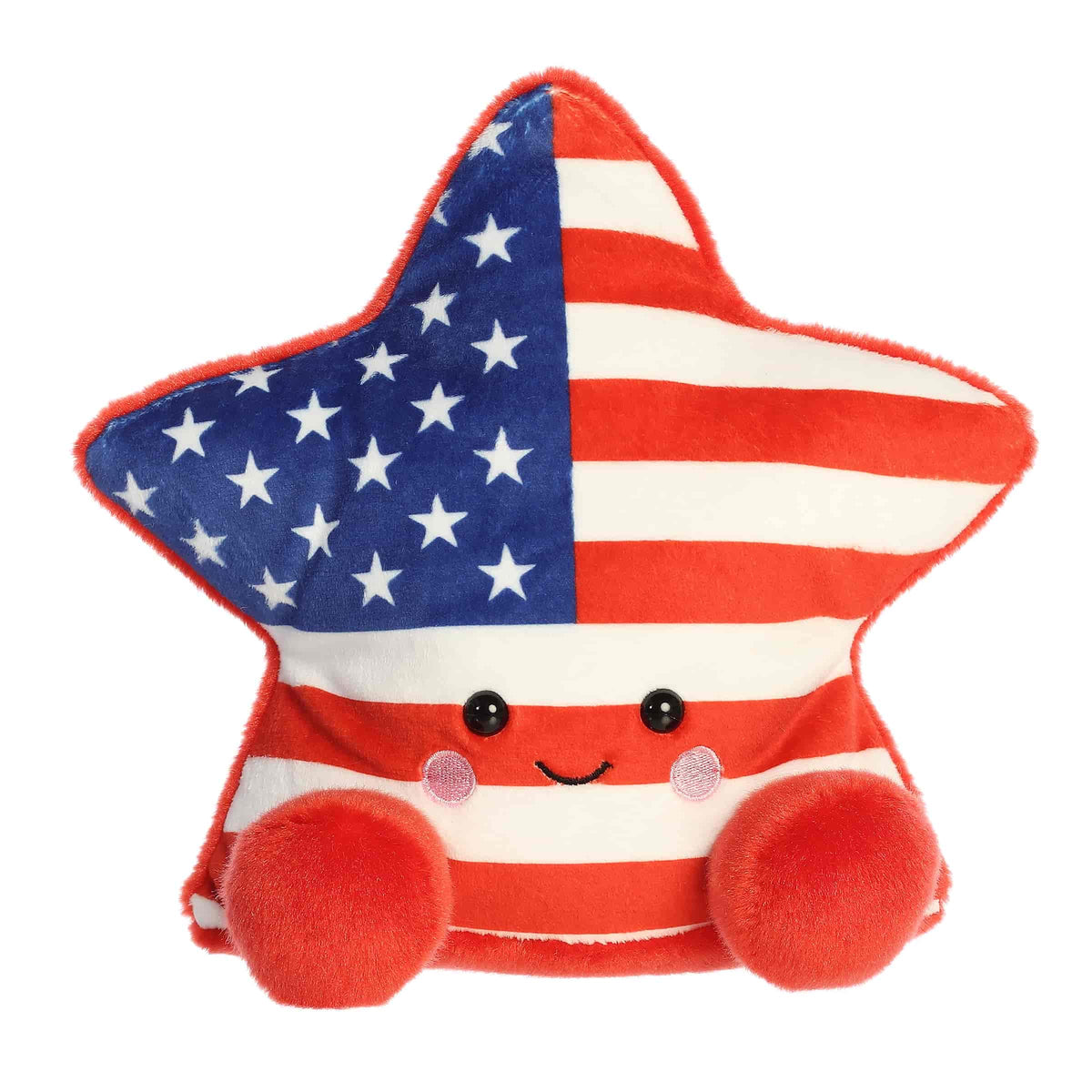 A large red, white, and blue star plush with striped and starred details from Party-Sized Palm Pals by Aurora.