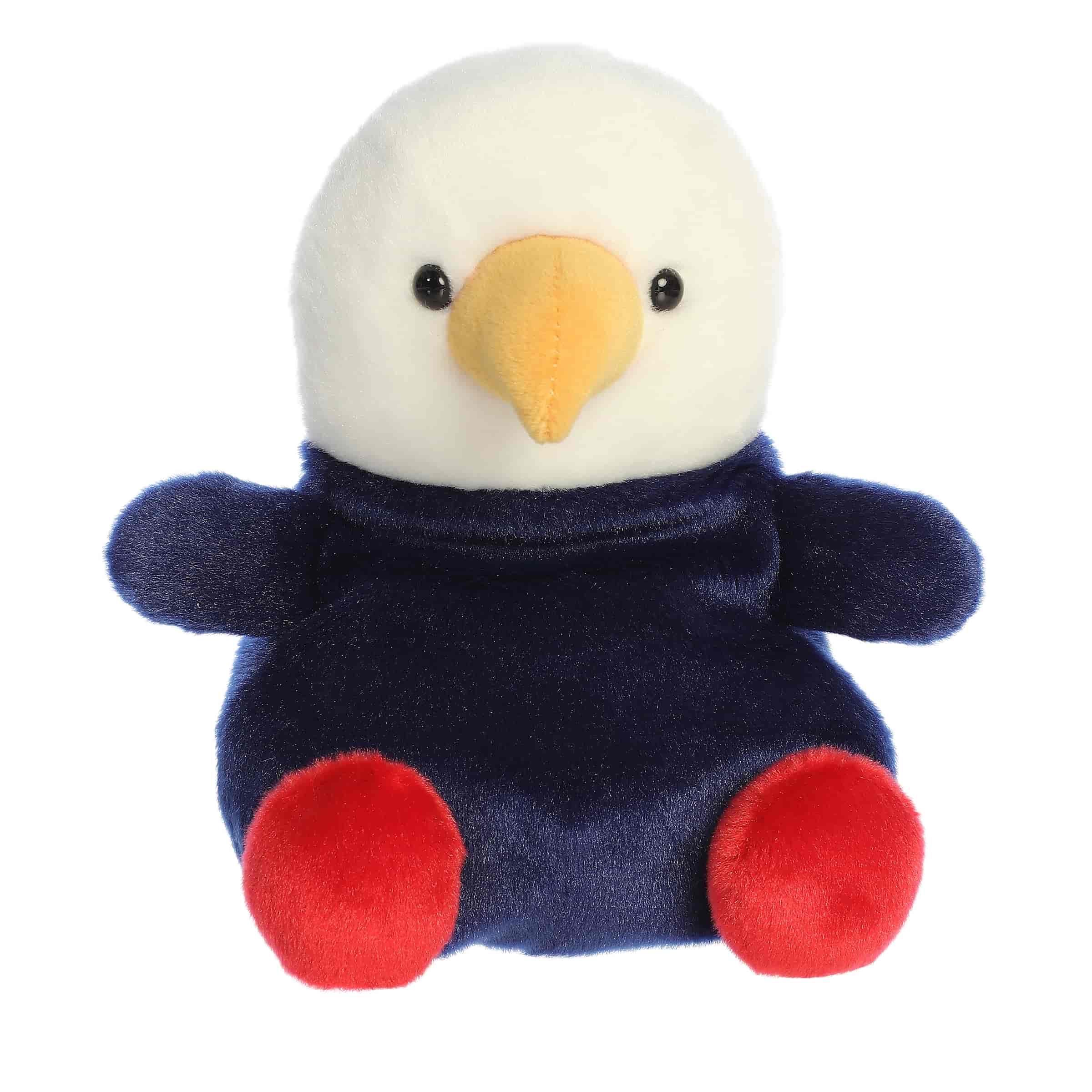 A large plush eagle with a white head, gold beak, and red and blue body from Party-Sized Palm Pals