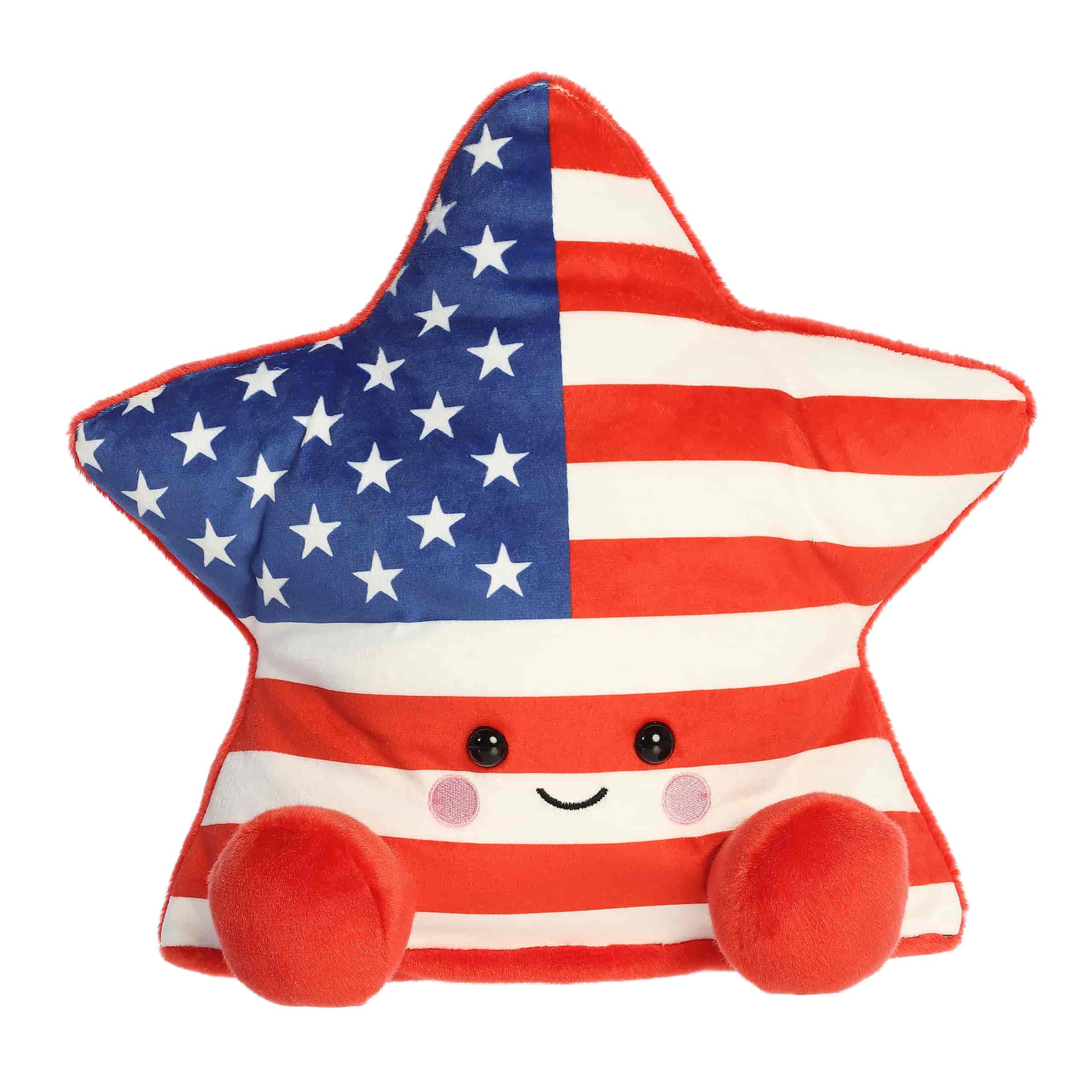 A large red, white, and blue star plush with striped and starred details from Party-Sized Palm Pals by Aurora.