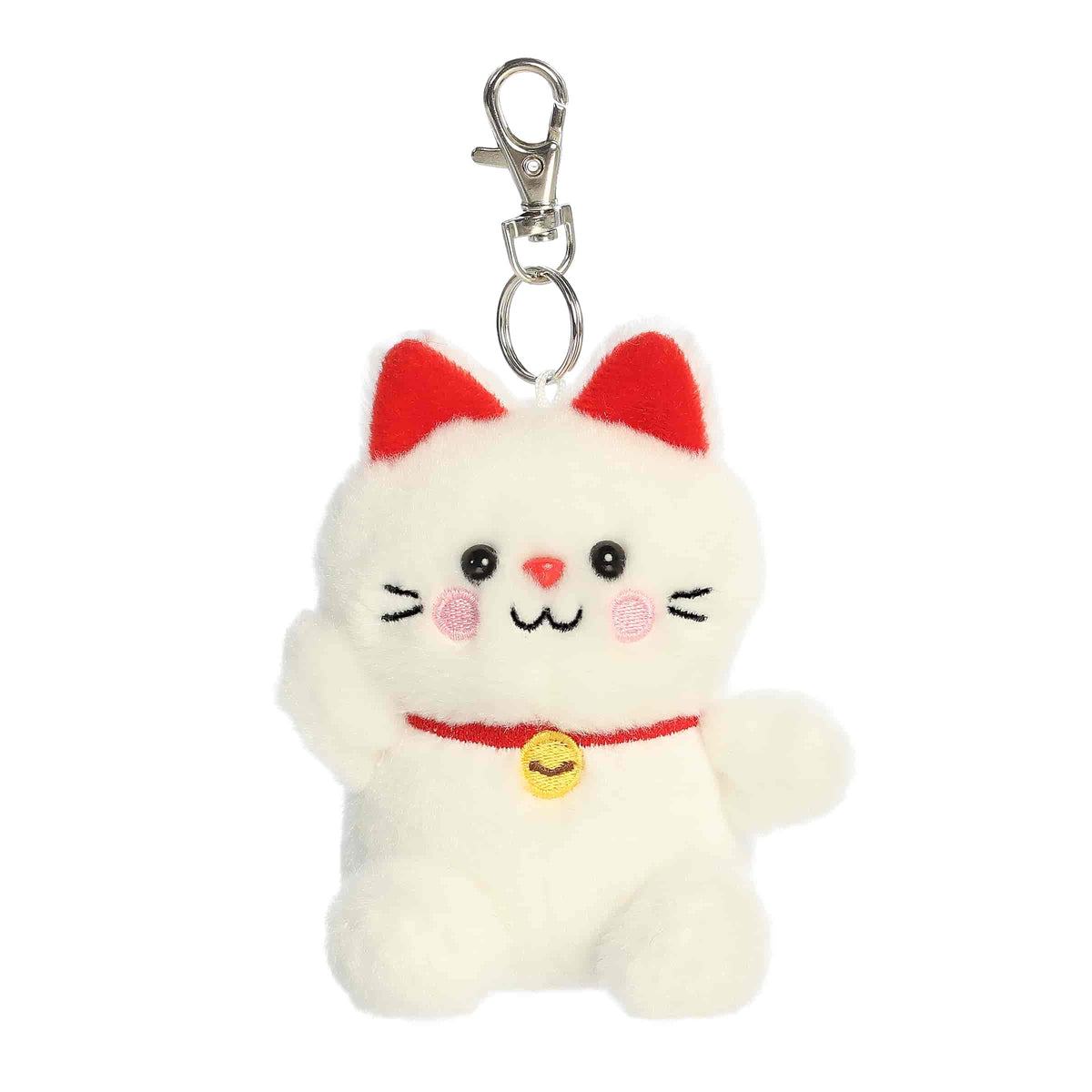 A small white lucky cat plush clip-on with a red collar and gold bell from Palm Pals by Aurora.