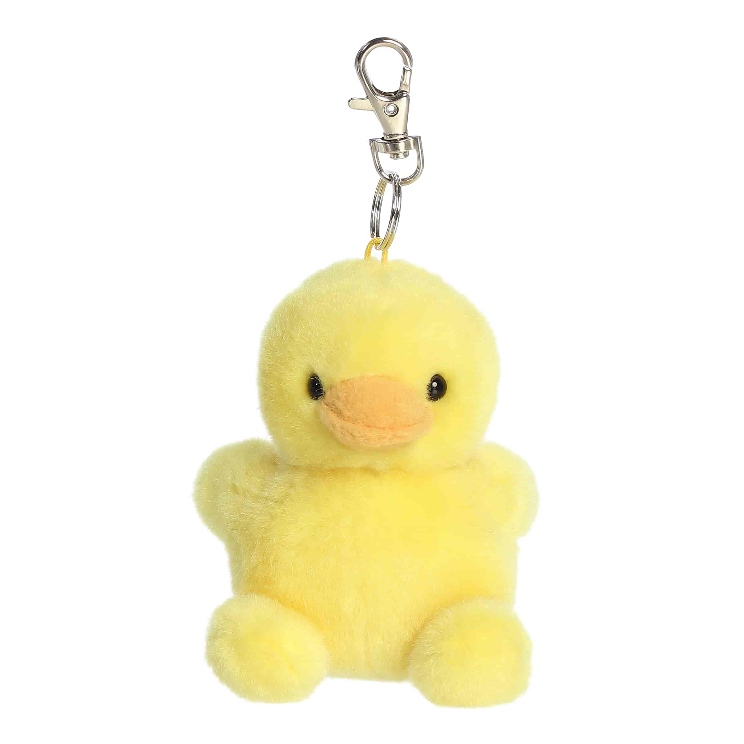 A small yellow duck plush clip-on with an orange beak and round body from Palm Pals by Aurora.