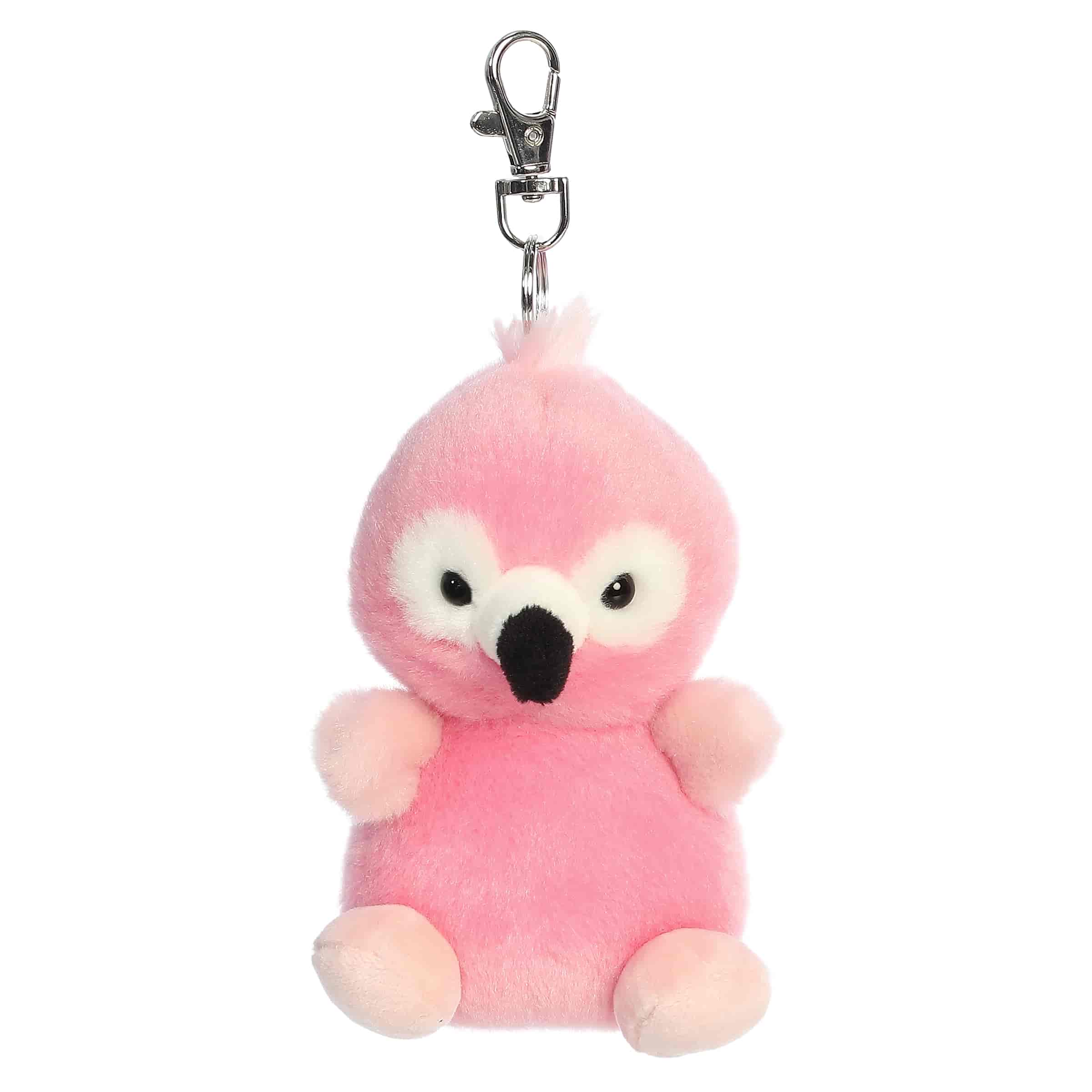 Pinky Flamingo clip-on plush, bright pink with black-tipped beak and silver clip, from Palm Pals.