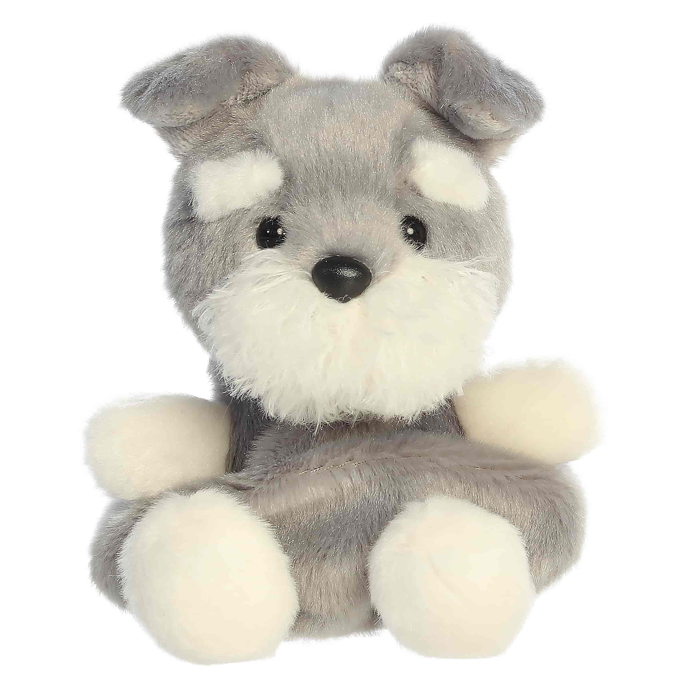 Korra Schnauzer plush, grey with white beard and inquisitive expression, from Palm Pals.