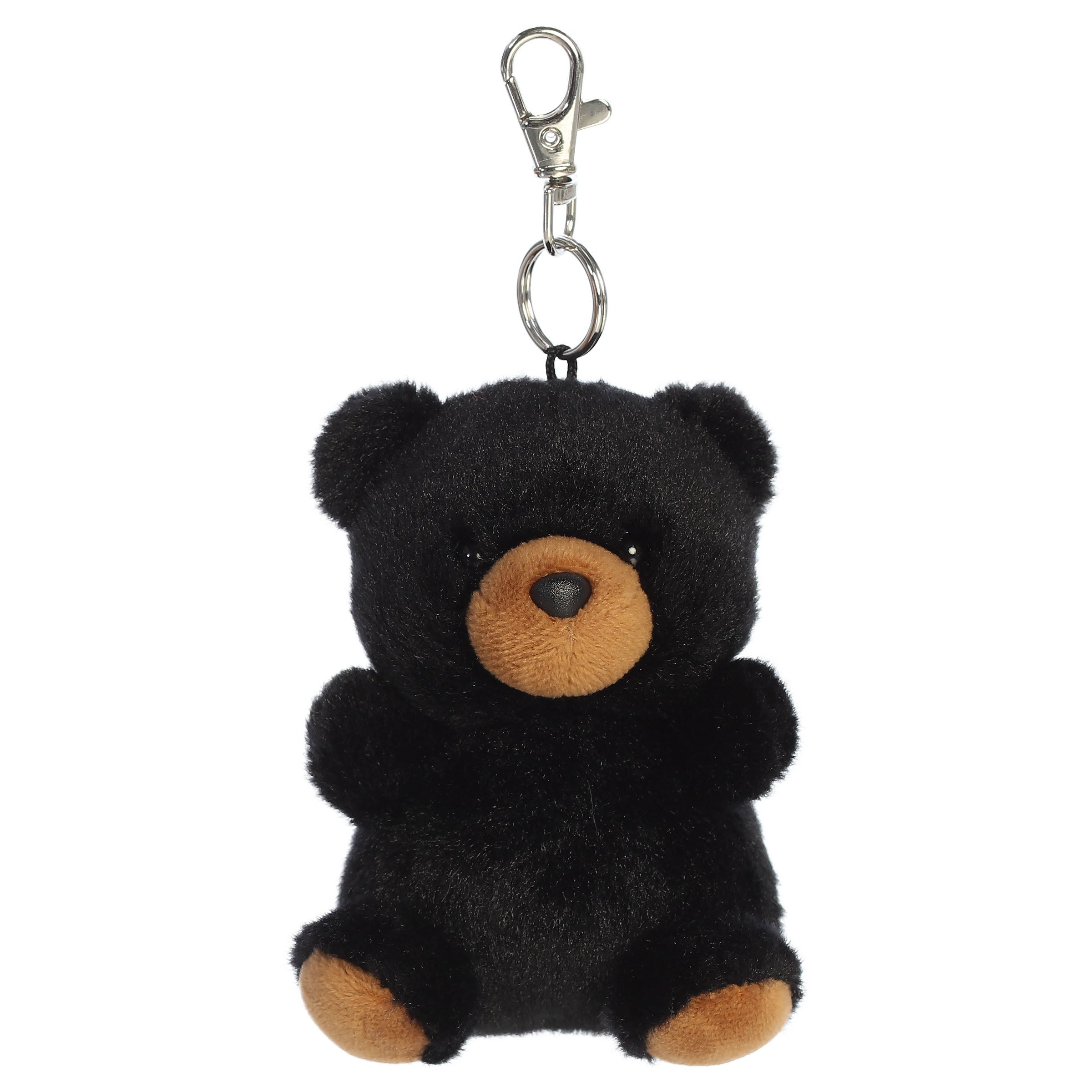 A bear plush clip-on from Aurora with black fur, brown accents, and a rounded body.