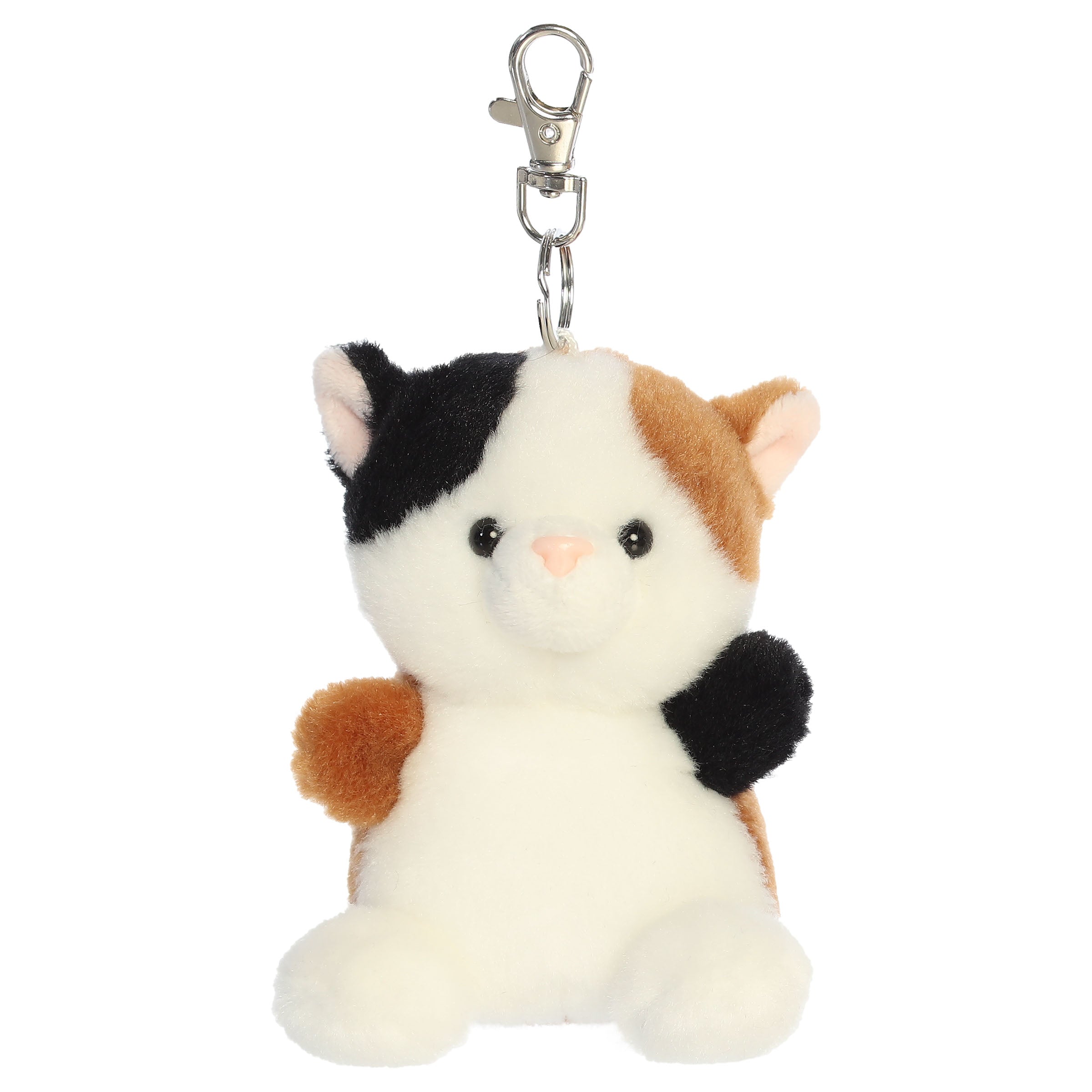 A calico cat plush clip-on from Aurora with white, orange, and black fur.