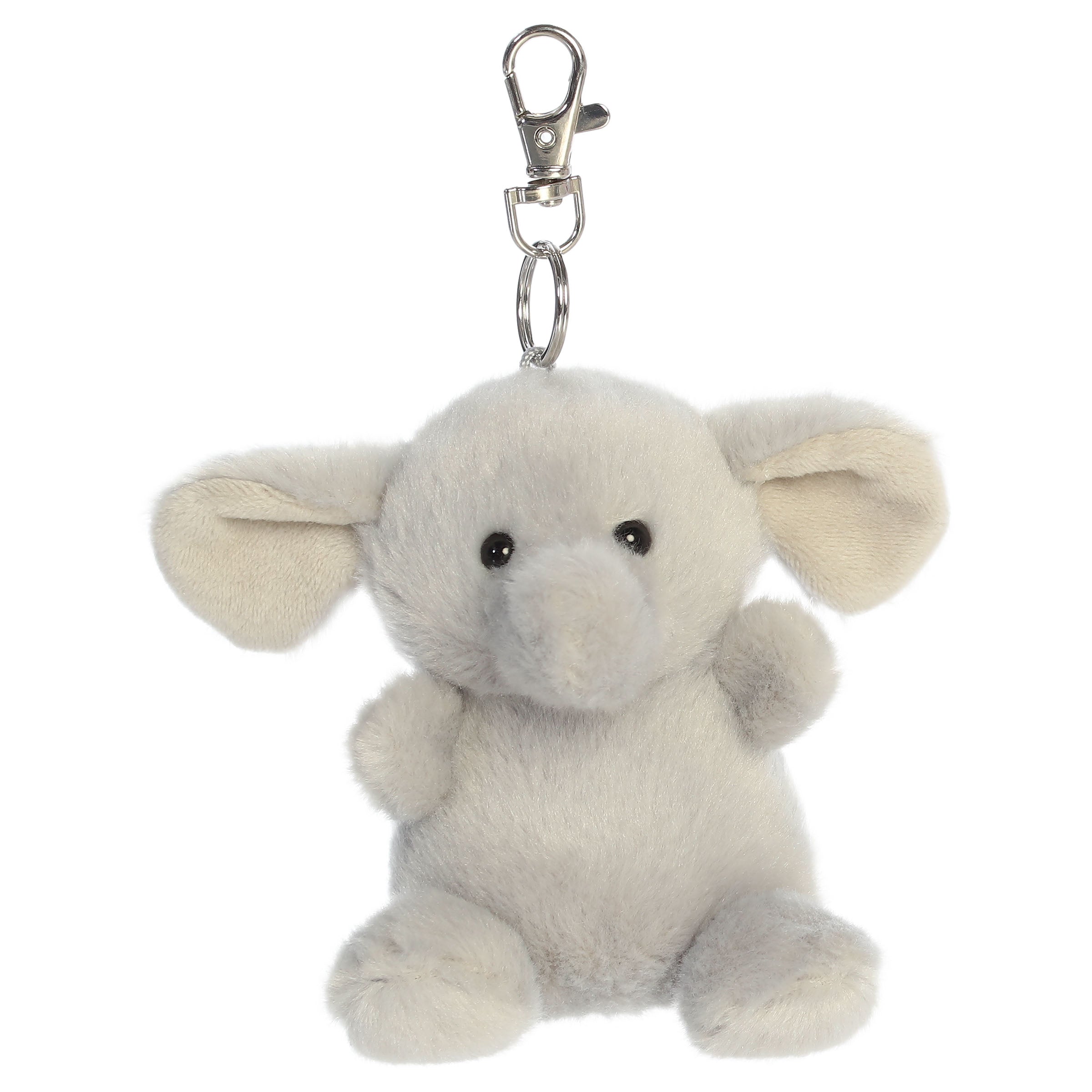 An elephant plush clip-on from Aurora with gray fur, oversized ears, and a long trunk.