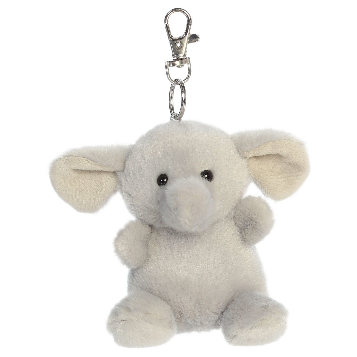 An elephant plush clip-on from Aurora with gray fur, oversized ears, and a long trunk.