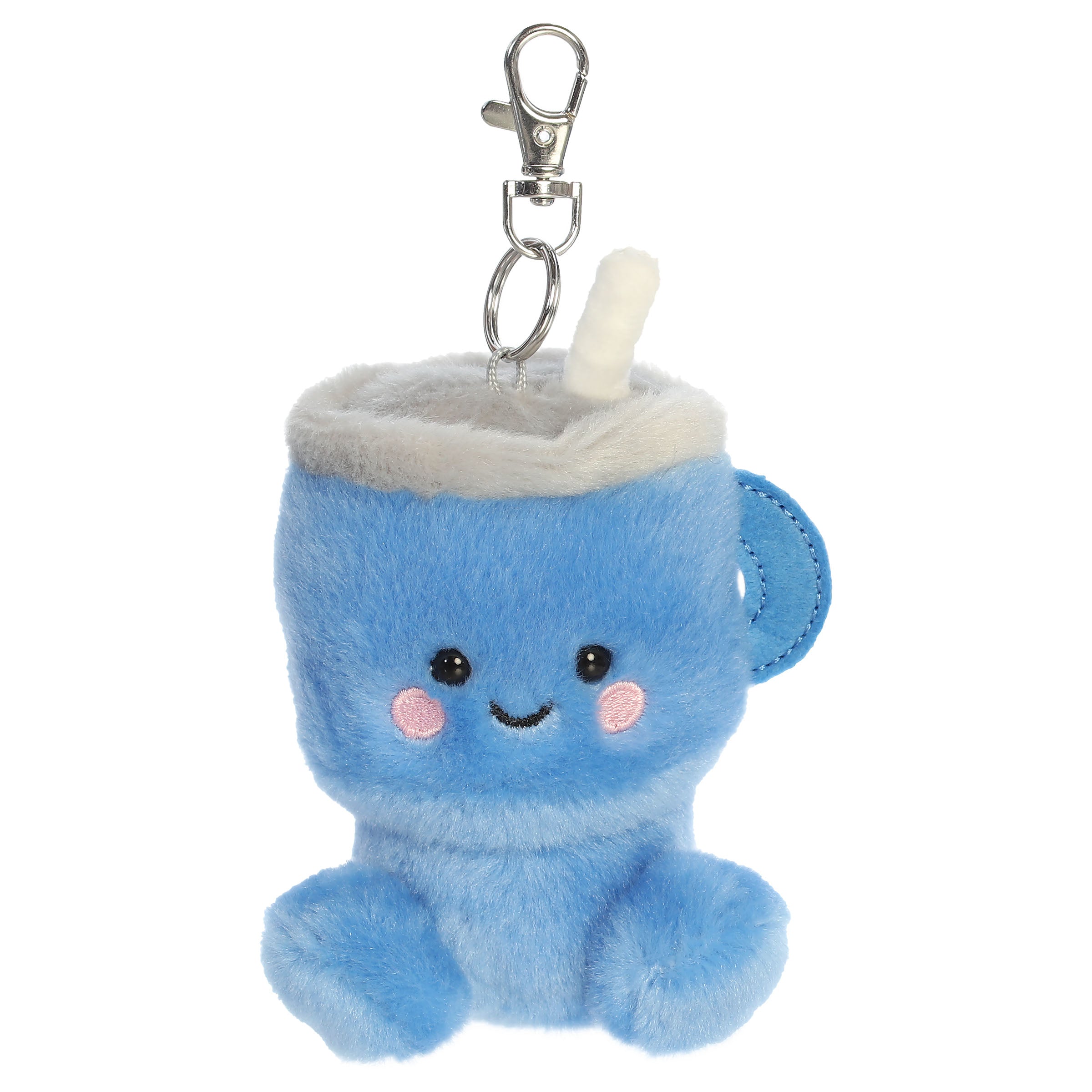 A travel cup plush clip-on from Aurora with a blue cup shape and an embroidered smiling face.