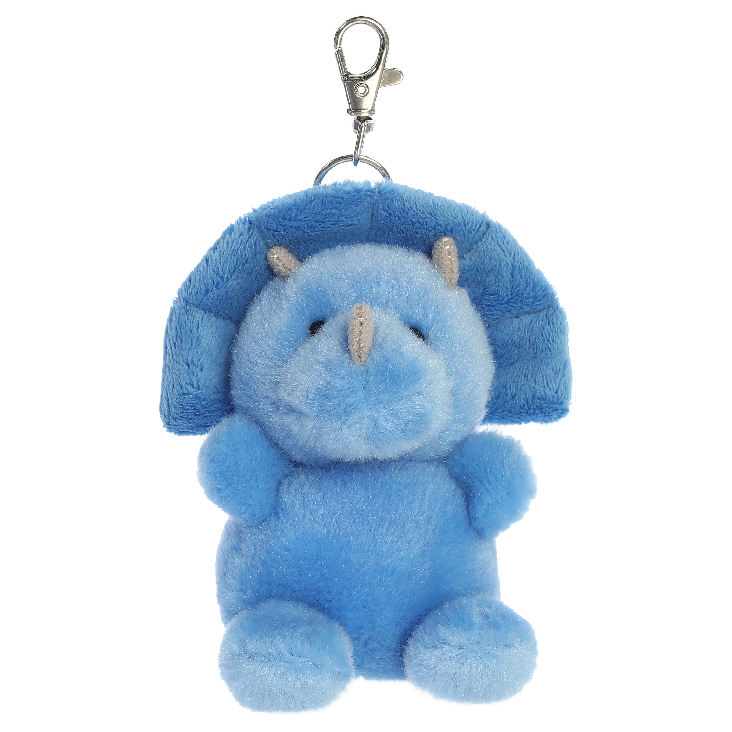 A triceratops plush toy from Aurora with blue fur, three facial horns, and a wide frill.