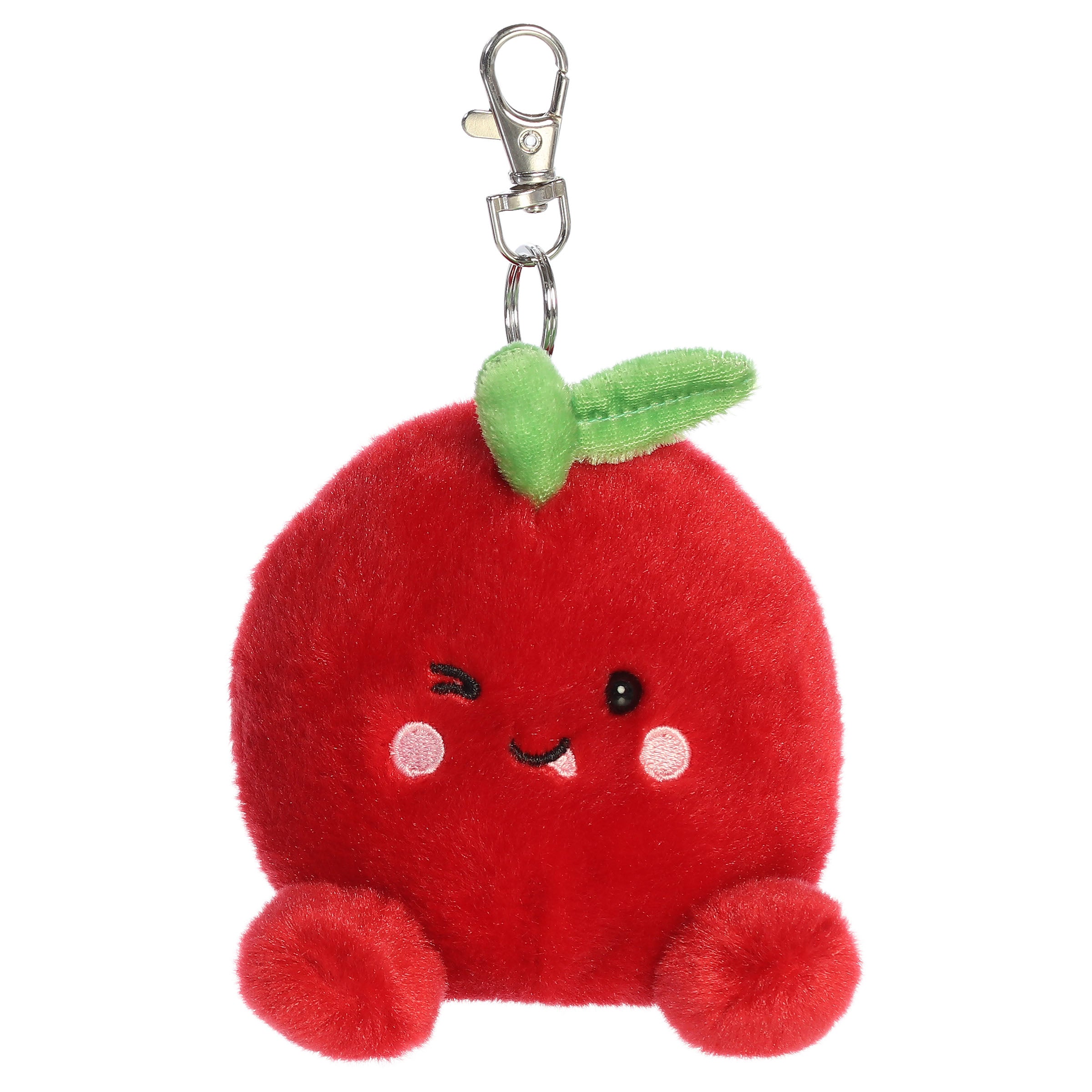 A cherry plush toy from Aurora with a round red body, an embroidered face, and a green stem.