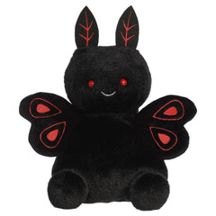 A party-sized mothman plush toy from Aurora with a dark body, red embroidered eyes, and crimson wing details.