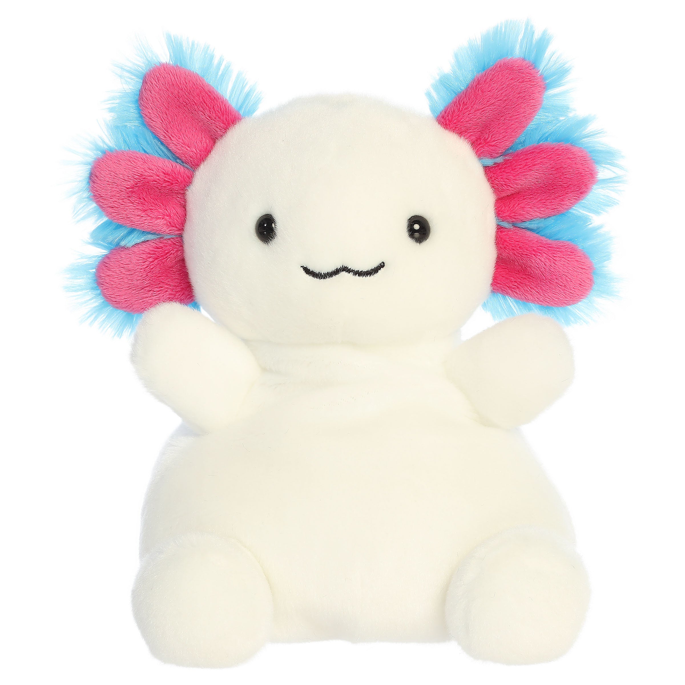 A party-sized axolotl plush toy from Aurora with white fur, a sweet embroidered face, and blue-and-pink frilly gills.