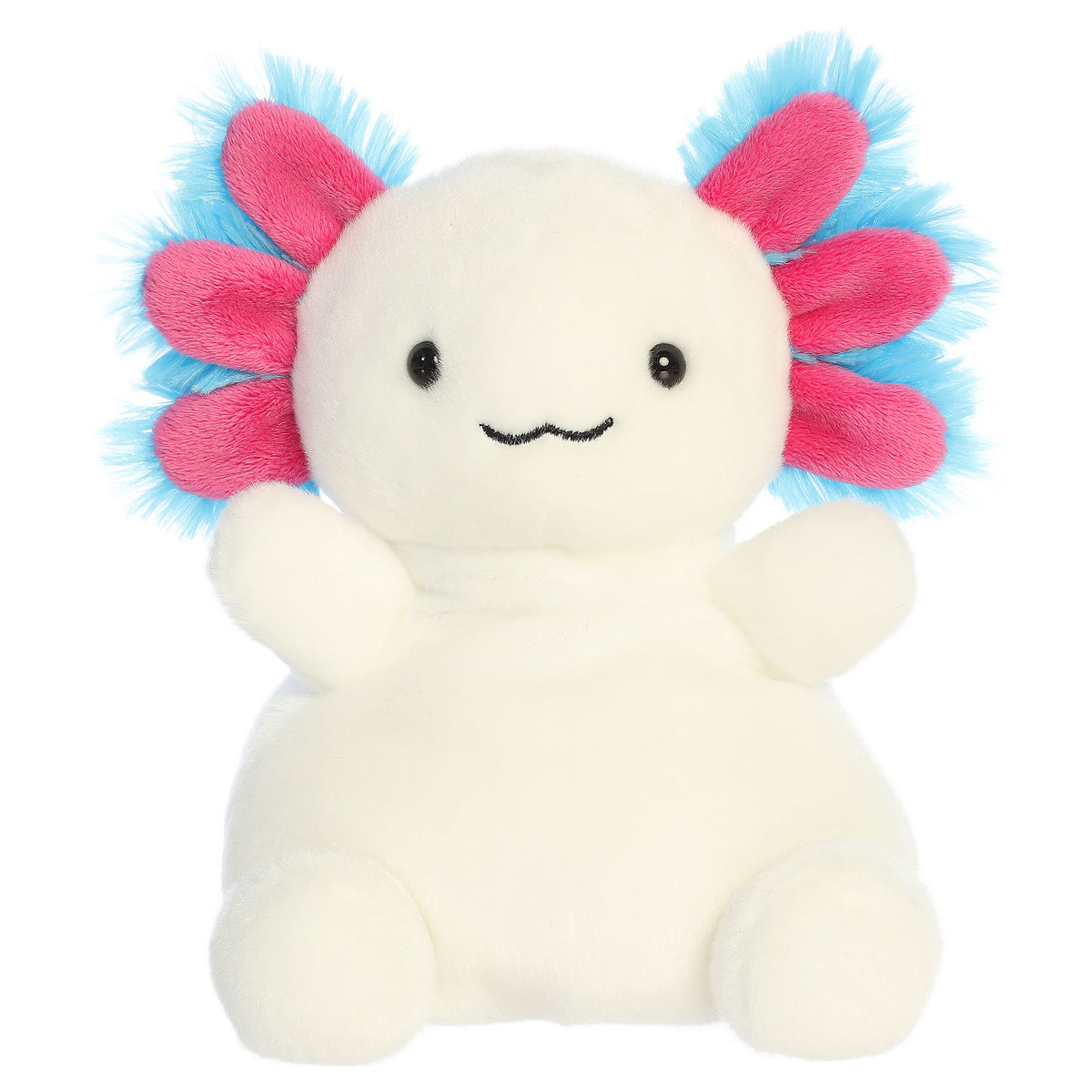 A party-sized axolotl plush toy from Aurora with white fur, a sweet embroidered face, and blue-and-pink frilly gills.