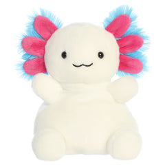 A party-sized axolotl plush toy from Aurora with white fur, a sweet embroidered face, and blue-and-pink frilly gills.