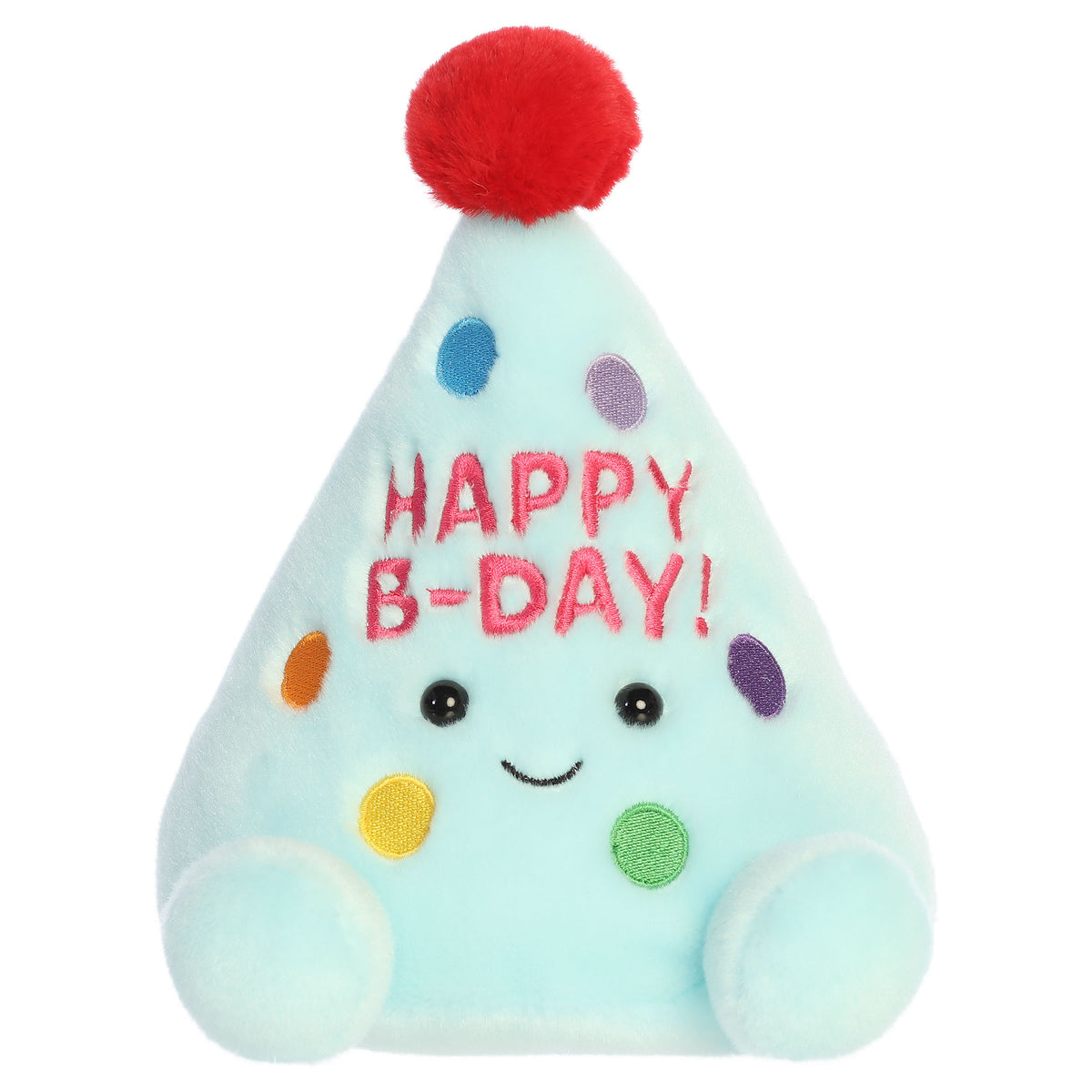 A party-sized party hat plush toy from Aurora with pastel blue fur, confetti details, and a pom-pom topper.