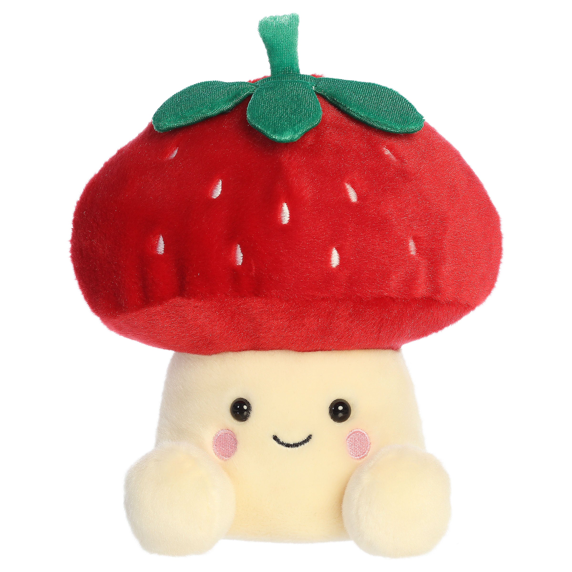 A party-sized mushroom plush toy from Aurora with a cream body, embroidered face, and a strawberry cap with green leaves.
