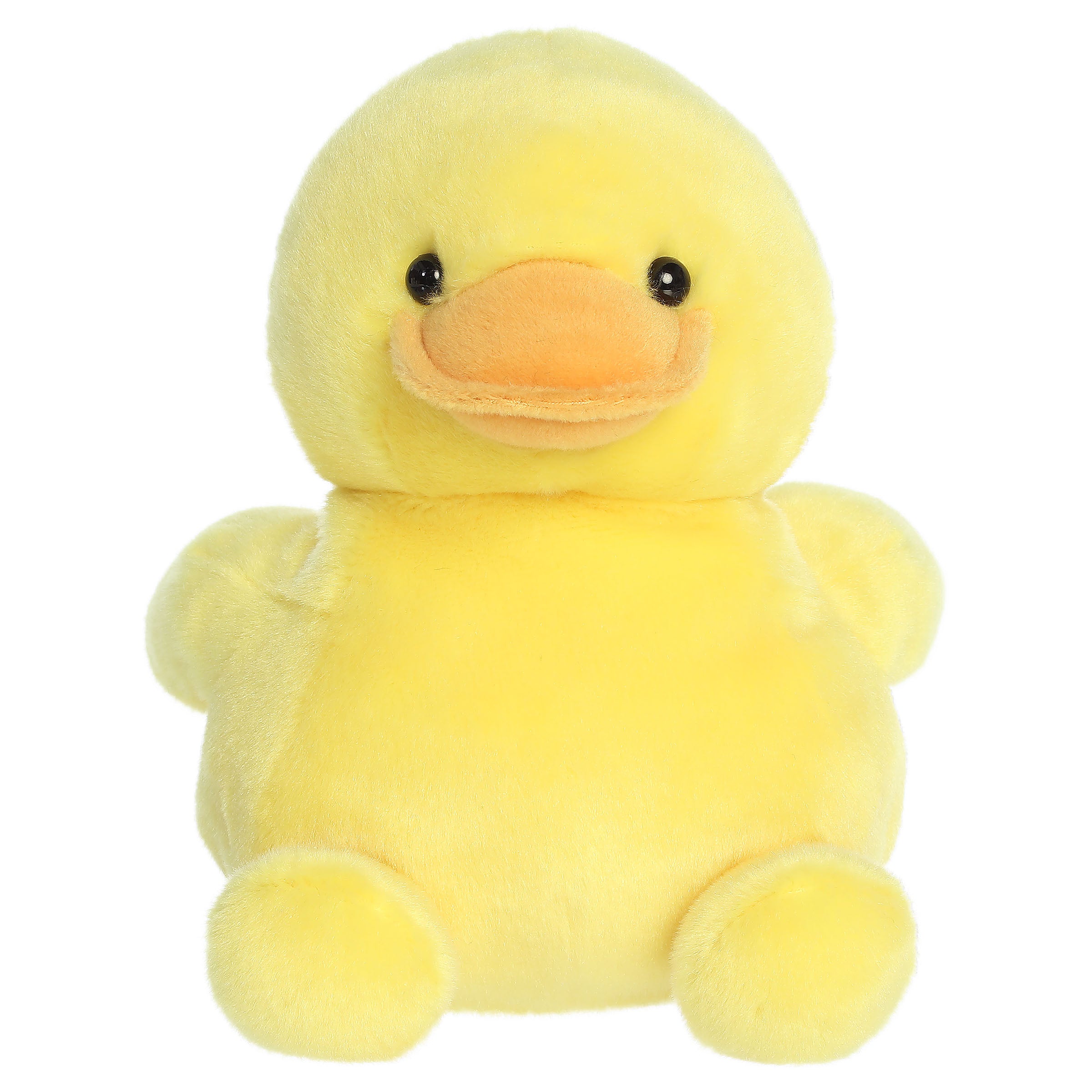 A party-sized rubber ducky plush toy from Aurora with yellow fur, an embroidered face, and a classic duck bill.