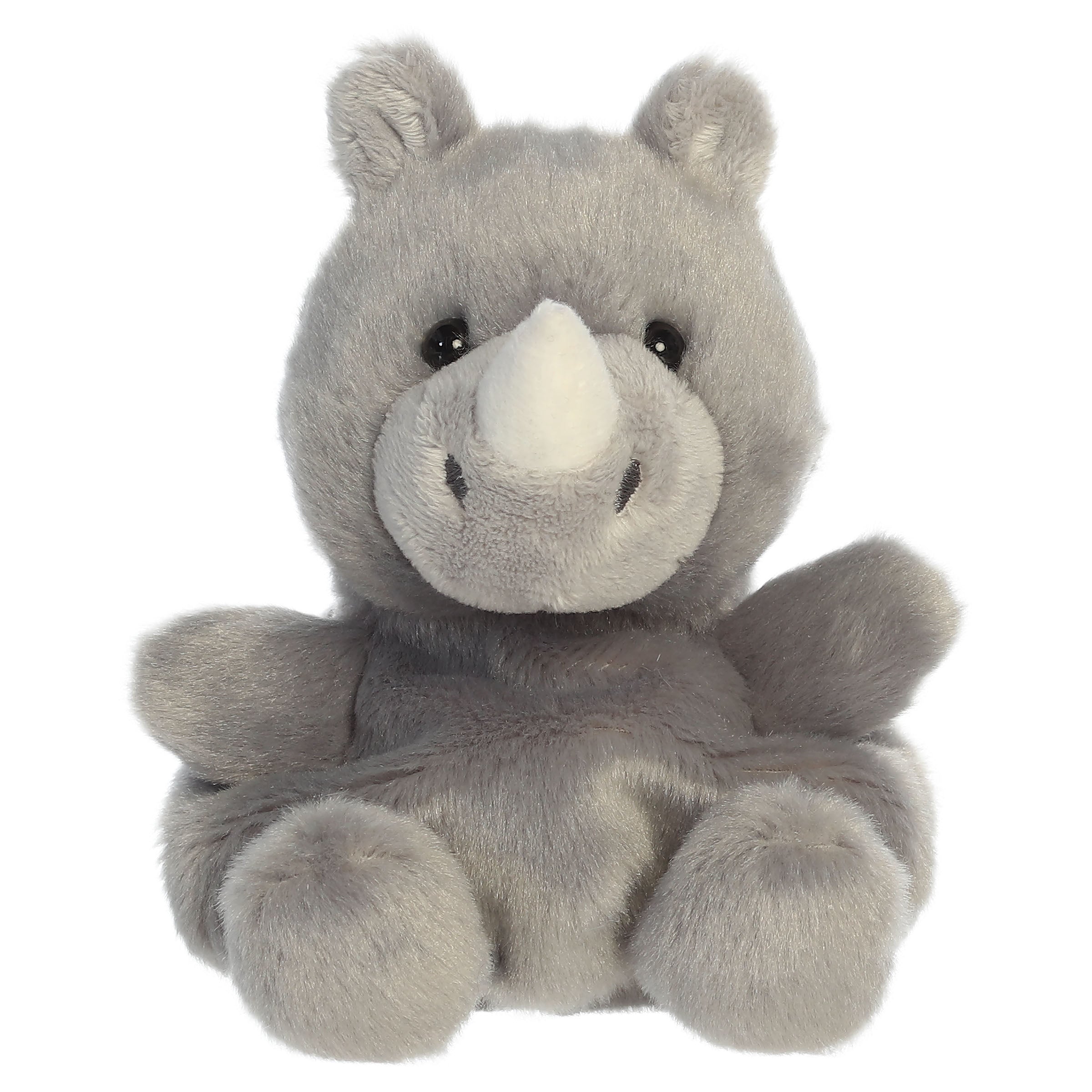 A rhino plush toy from Aurora with gray fur, a tiny horn, and gentle embroidered features.