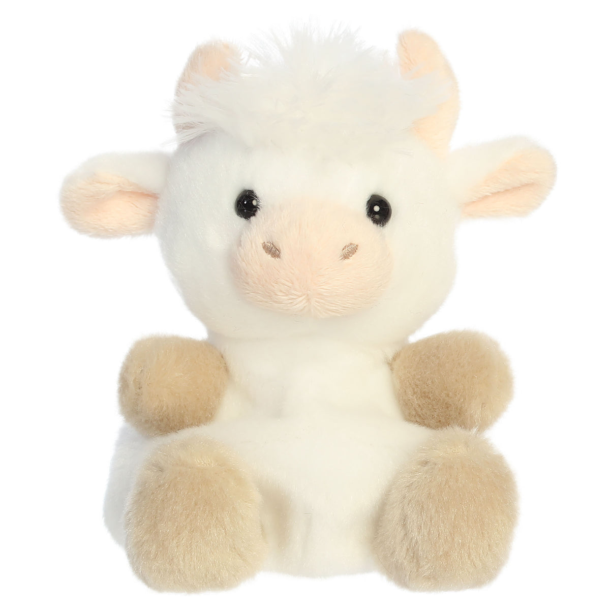 A highland cow plush toy from Aurora with fluffy white fur, tiny horns, soft hooves, and an embroidered face.