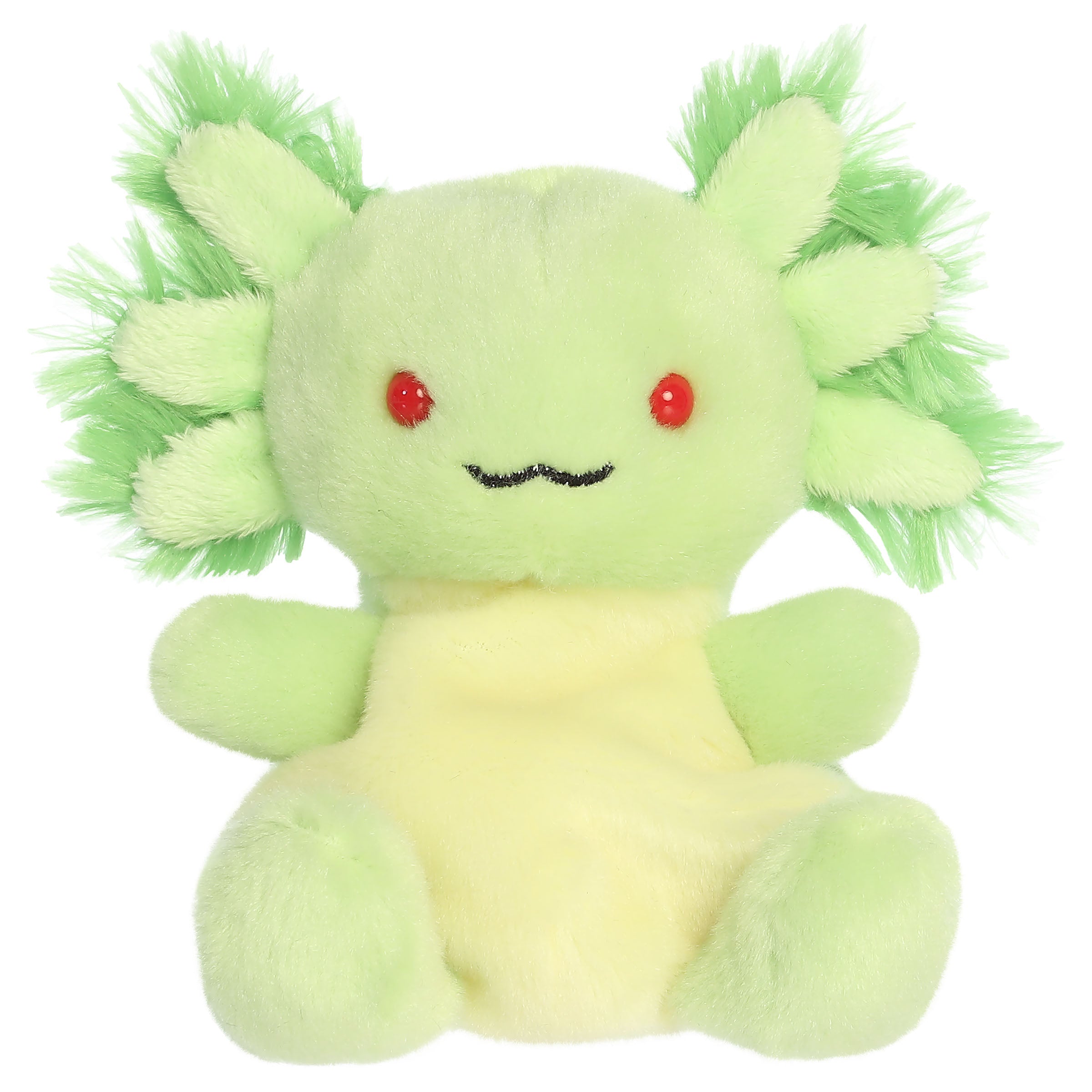 An axolotl plush toy from Aurora with neon green fur, red eyes, a sweet embroidered face, and frilly gills.