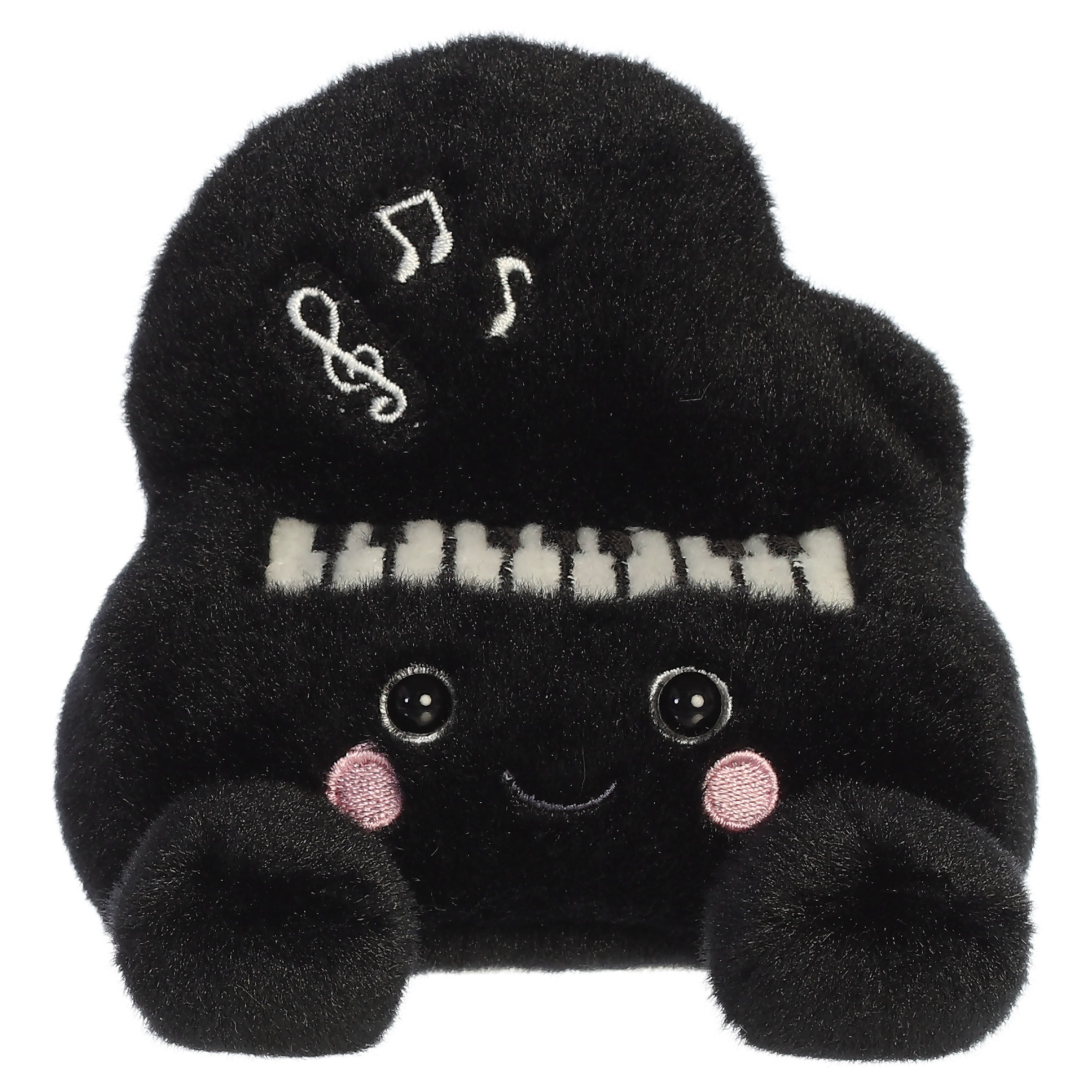A piano plush toy from Aurora with a black piano-shaped body, keyboard details, tiny legs, and an embroidered face.