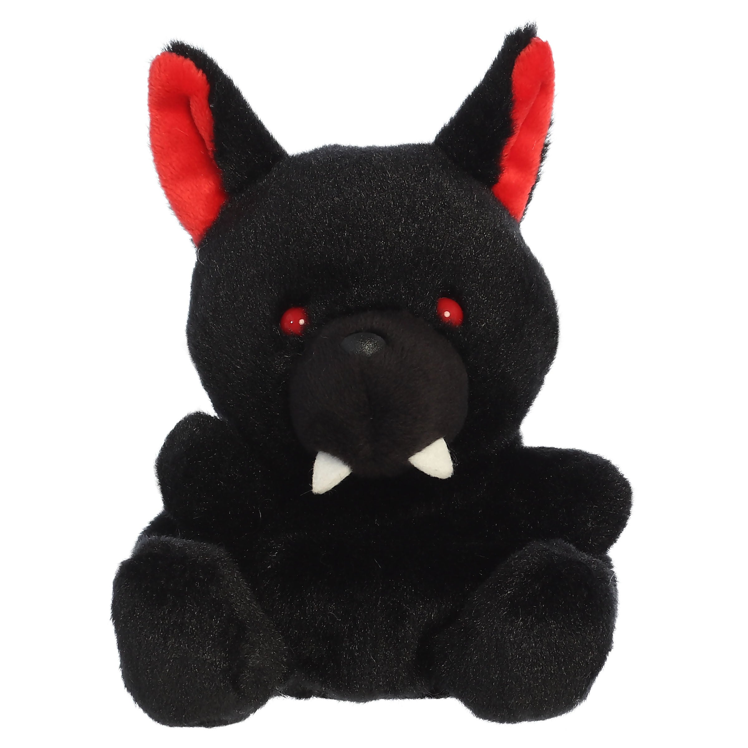 A hellhound plush toy from Aurora with black fur, pointed ears tipped in red, and subtle embroidered features.