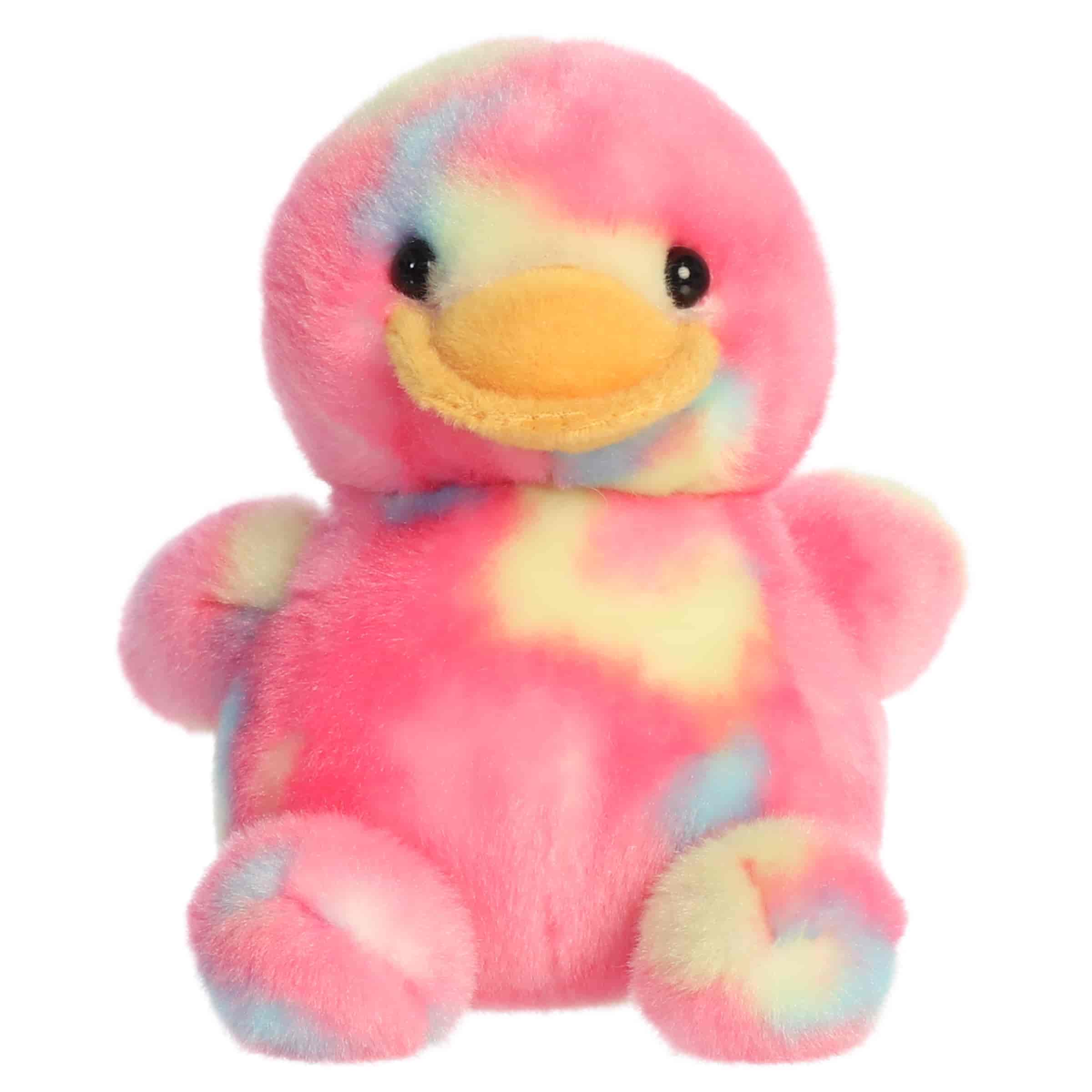 Shimmer Rubber Ducky plush with pink body, cheerful duck face, colorful details, and round shape