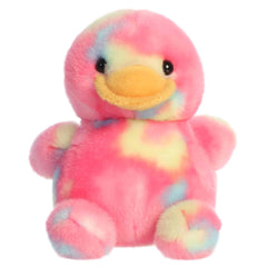 Shimmer Rubber Ducky plush with pink body, cheerful duck face, colorful details, and round shape