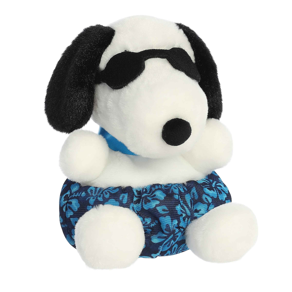 Plush toy from the Peanuts collection featuring Snoopy dressed as a surfer, with a blue swimsuit and stylish sunglasses